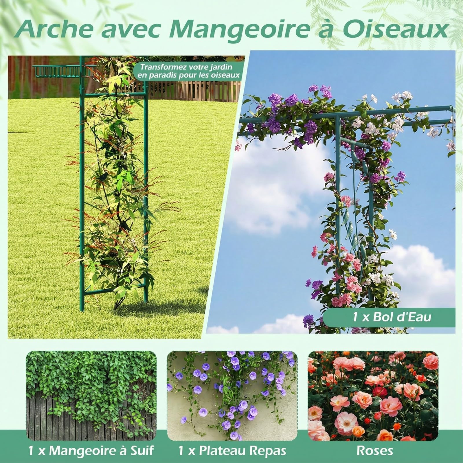 RELAX4LIFE Arche Jardin Métal 2M avec Mangeoire à Oiseaux, Arche avec Treillis pour Plantes Grimpantes, Panier, Crochets, Support pour Rosier Raisin Concombre (Vert)