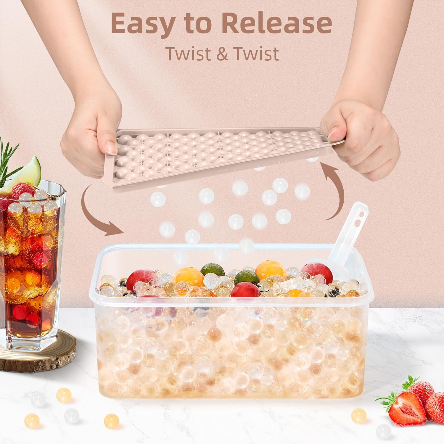 wibimen mini ice cube trays, 0.55” tiny pebble ice for iced coffee & cocktails, fast chill, easy twist release, stackable with lid & storage bin (4 pack, pink) 4pack/0.55in pink