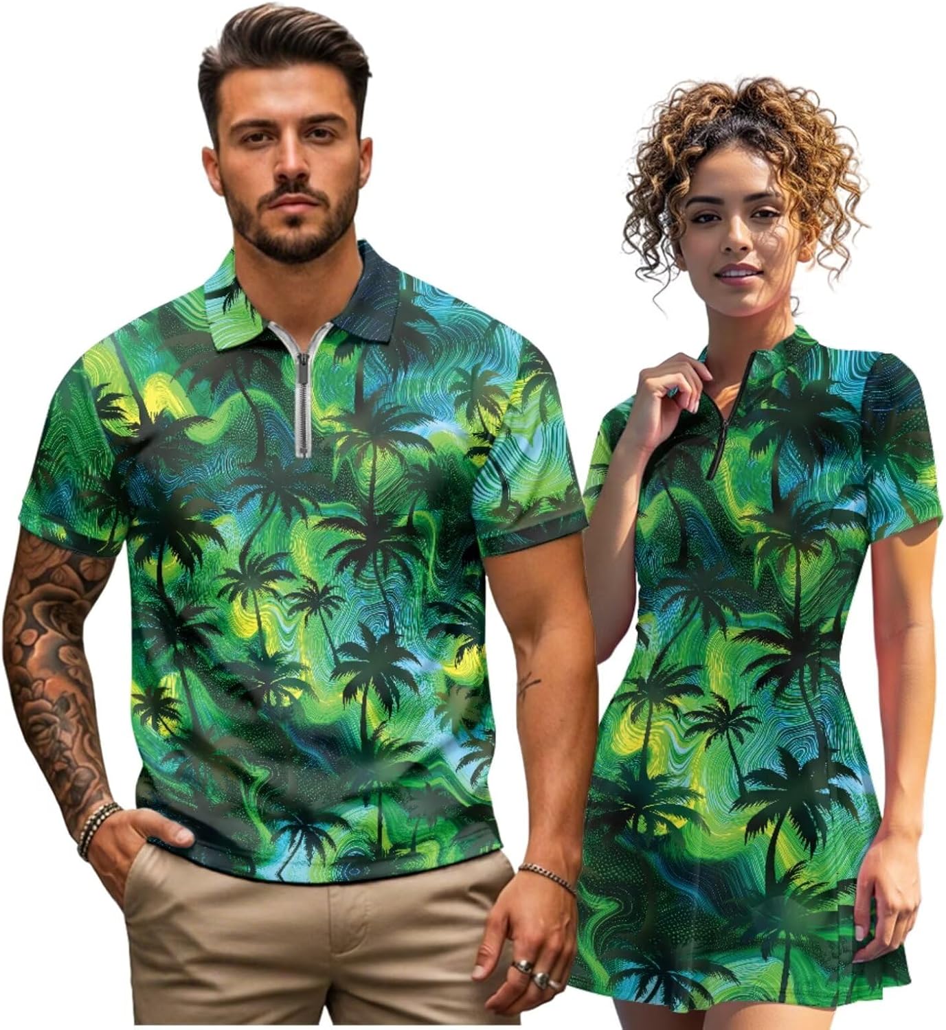 NDISTIN His and Hers Matching Golf Outfits Men's Quick Dry Short Sleeve Zip Shirt Women's Skort Built in Shorts