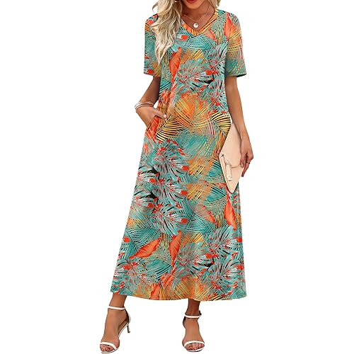 WIHOLL Women's Maxi Dresses V Neck Vacation Beach Sundresses Floral Travel Summer Dress