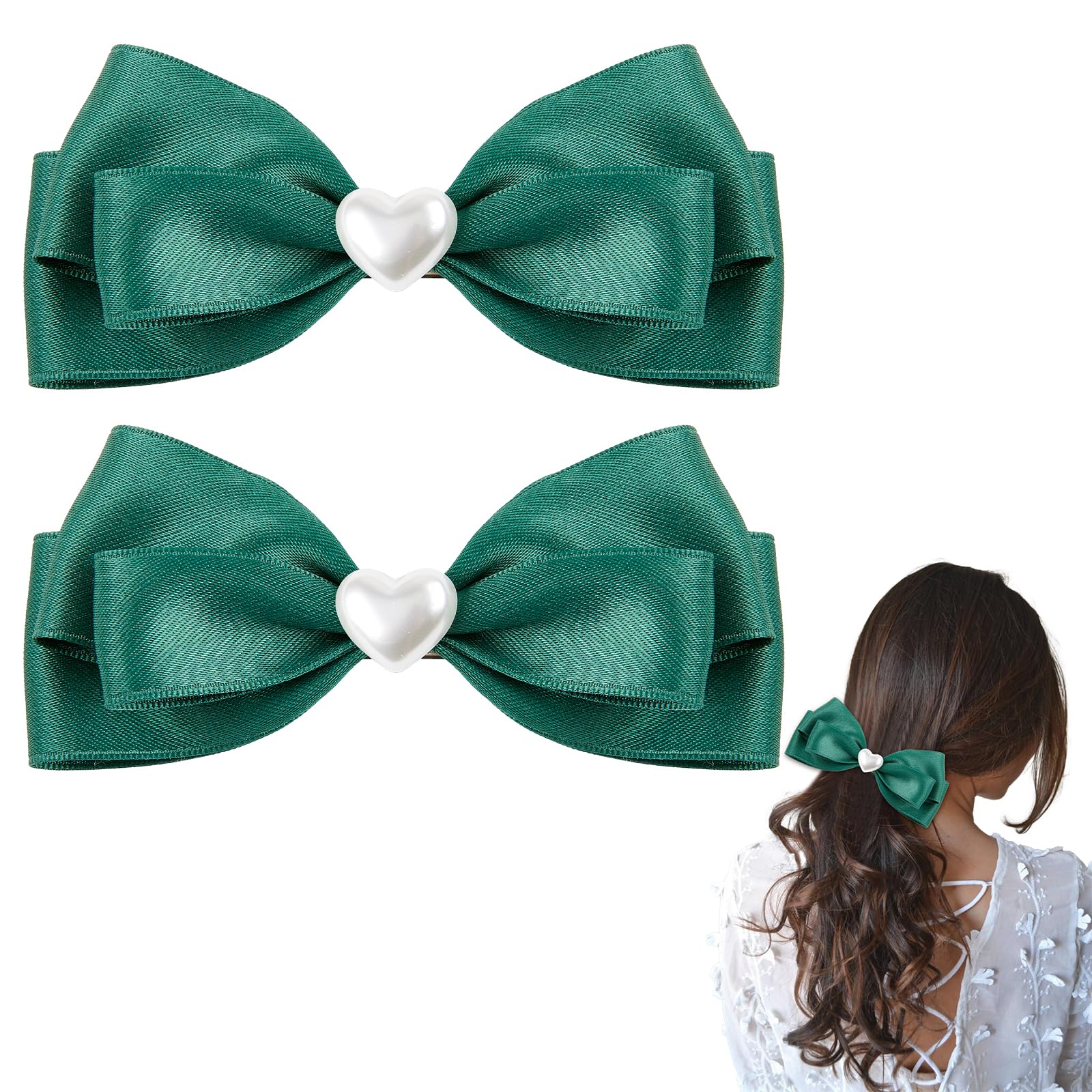 LMYMHMLM 2pcs green hair bows for girls, cute bow hair clips for women, deep green bow with alligator clip, christmas and valentines hair bows, hair