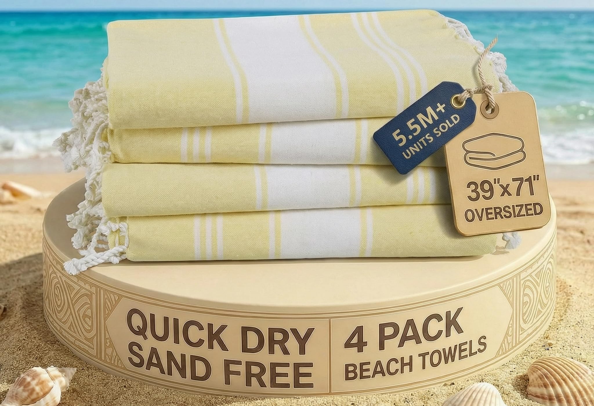 Lane Linen Yellow Lime Oversized Turkish Beach Towels – 4 Pack, 39"X71" Cotton Rich & Quick Dry Pool Towels, Pre-Washed, Sand-Free & Lightweight Travel Towels For Adults, Yellow