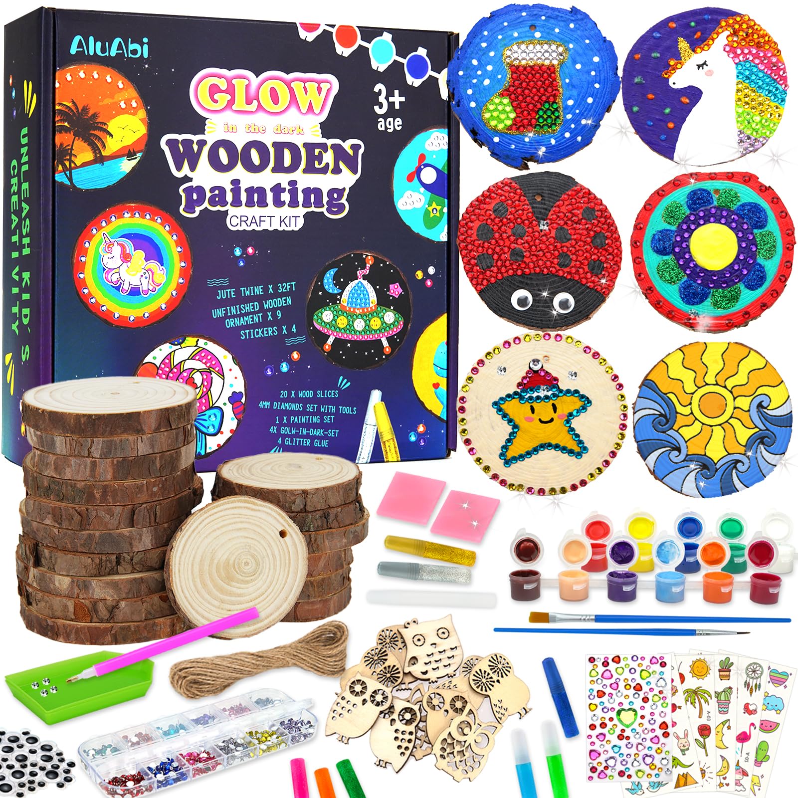 AluAbiKids Wooden Painting Crafts Kit -Glow in The Dark,Arts & Crafts Gifts for Boys Girls Ages 5-12,Wood Slice Craft Activities Kits,DIY Creative Art Toys for Kids 5, 6, 7, 8, 9, 10, 11,12 Year Old