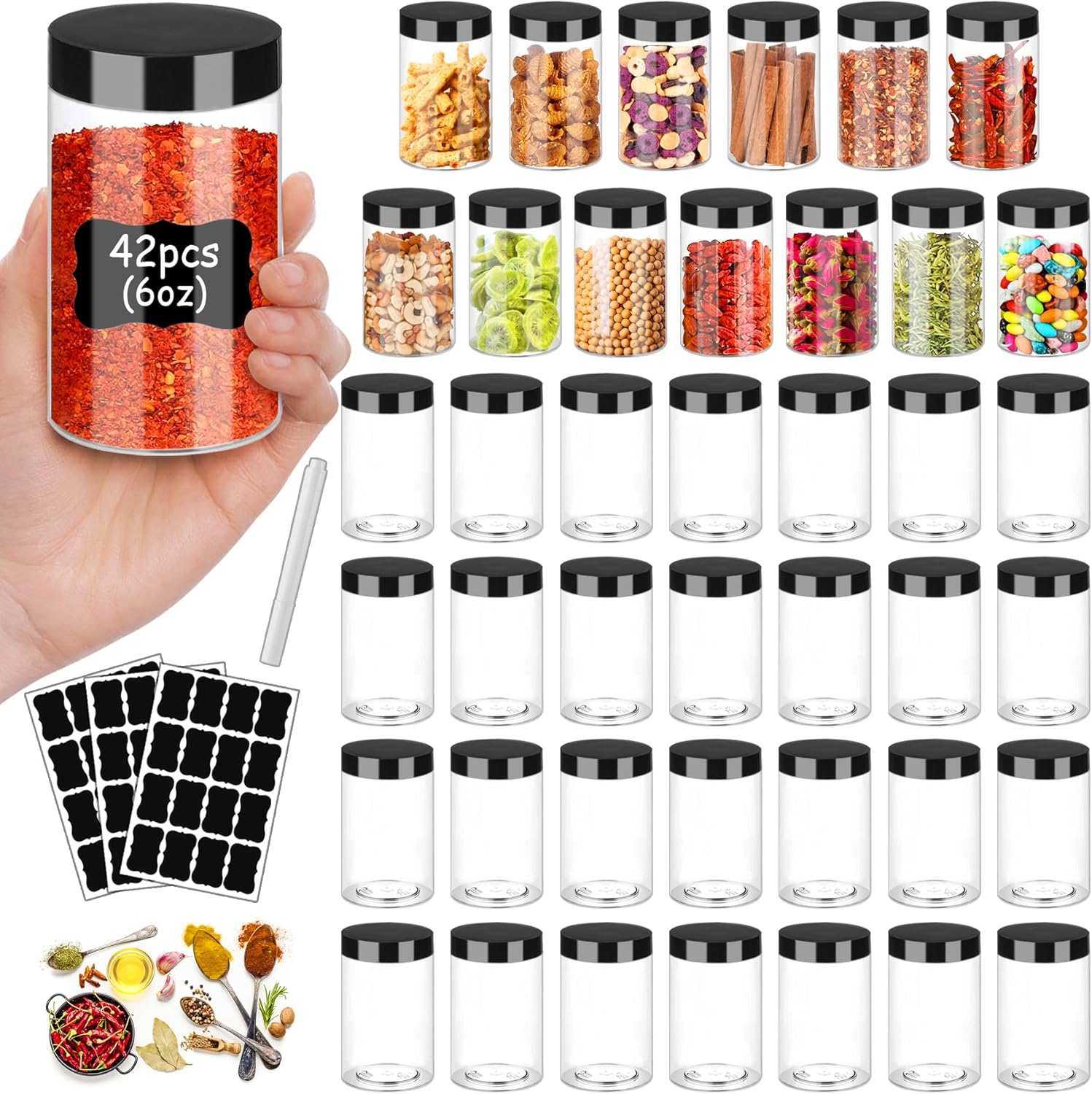 Hajoyful Plastic Jars with Lids 6OZ 42PCS Small Empty Slime Cosmetics Containers Clear Gift Food Jars Round PET Cream Jars with Black Lids Pen Labels for Kitchen Storage Spices Dry Food Body Butter