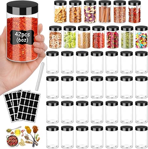 Tarros de plástico con tapas de 6 onzas, 42 recipientes pequeños vacíos para cosméticos, tarros de comida transparentes para regalo, tarros redondos