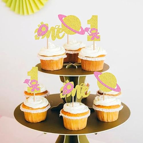 Miniatura 9 de Ercadio 1 paquete de decoración para tartas de niña espacial, luna, estrella, cohete, planeta, decoración de pasteles, espacio de feliz cumpleaños,