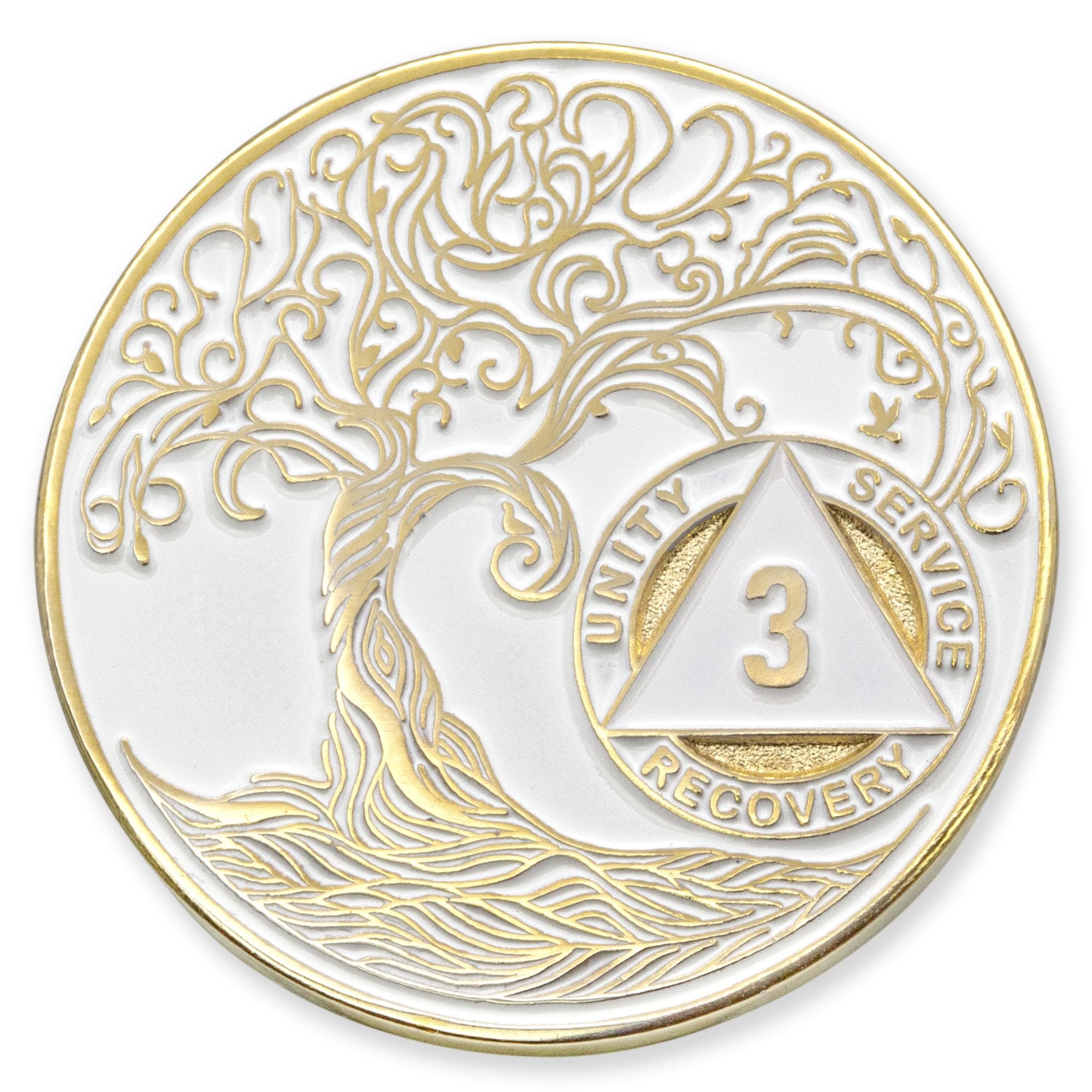1 to 50 Year Twisted Tree of Life Sobriety Coin - Gold Plated AA Chips &amp; Medallions - 3 Year Sobriety Coin - White