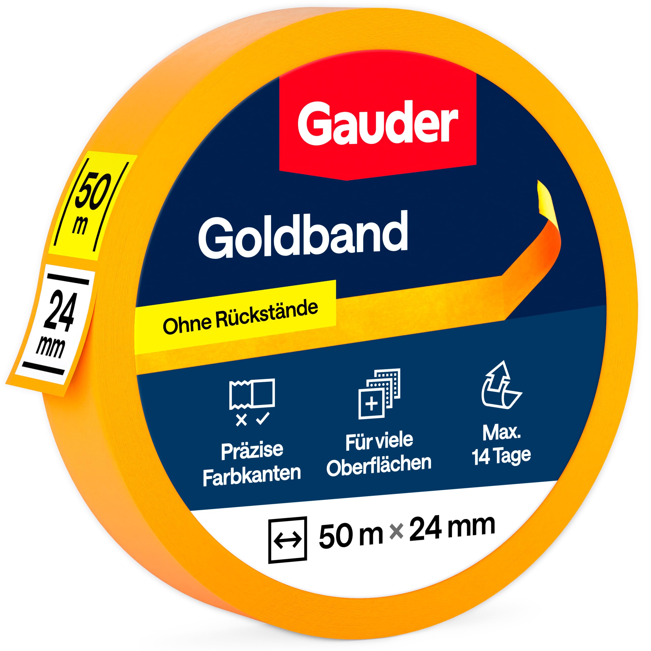 GAUDER Goldband Malerkrepp aus Premium-Washi für präzise Farbkanten - Maler Klebeband rückstandsfrei - Kreppband und Abdeckband - Malerband Masking Tape - Abklebeband Maler (1 Rolle - 24 mm x 50 m)