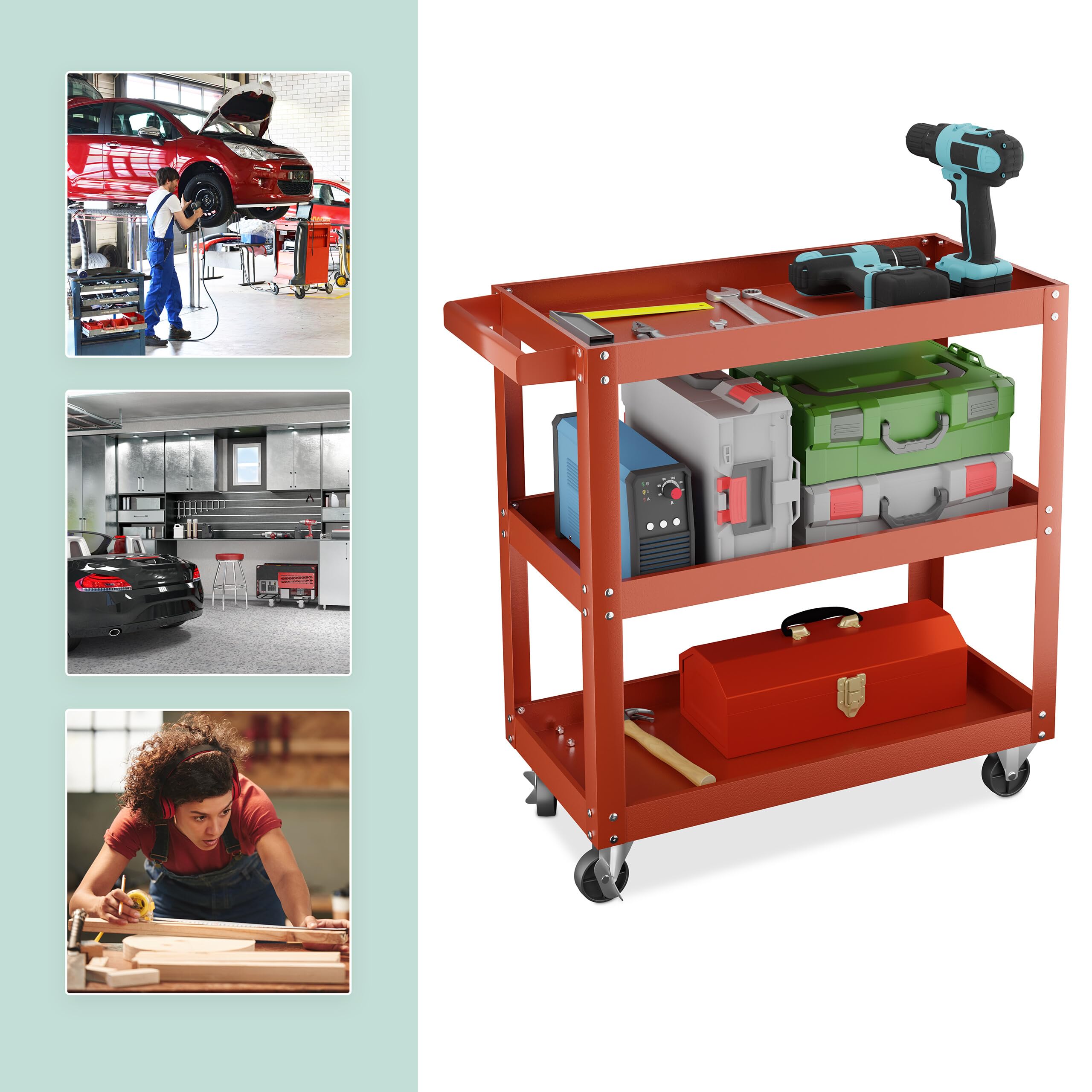 Relaxdays Carrello Portautensili Officina, Carrellino a 3 Ripiani Porta Attrezzi Lavoro, 76x78x35 cm, Max. 100 kg, Rosso