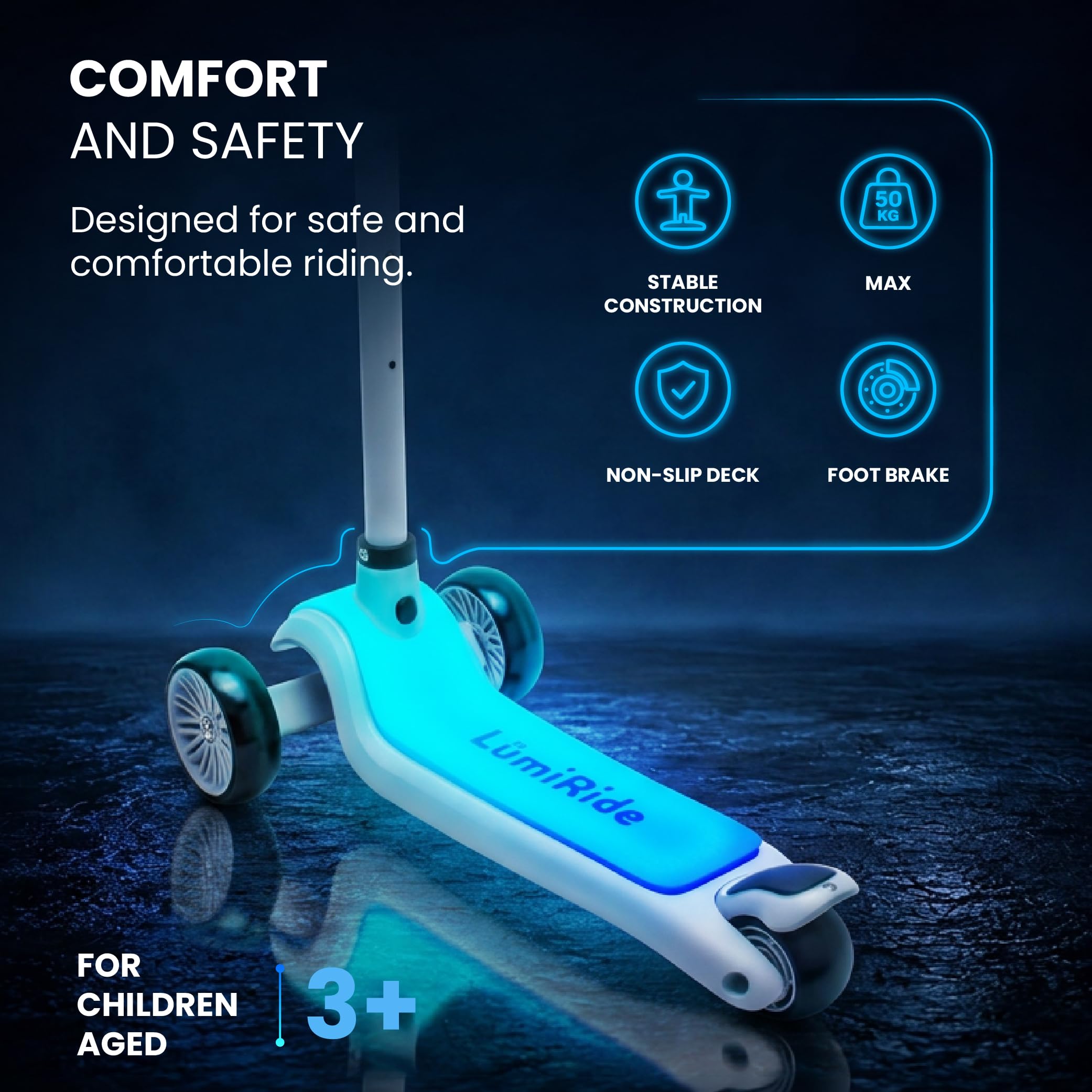 LUMI RIDE Monopattino bambino 3 anni Balance Tre Ruote LED, Pieghevole, Manubrio Regolabile, Freno a Pedale, Pedana Antiscivolo, Manubrio Removibile