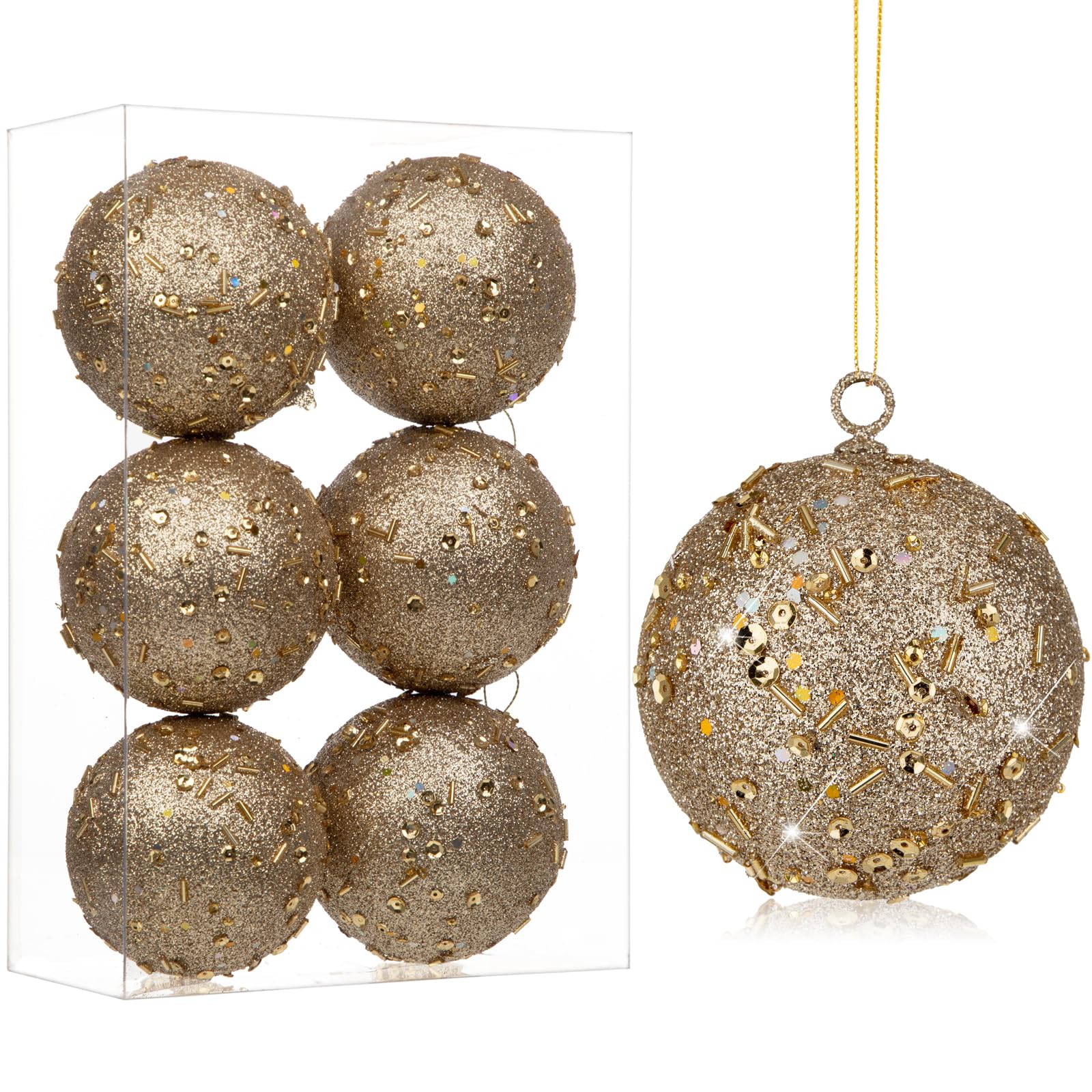Oairse 8cm Large Christmas Bauble Ornaments 6 Pcs Shatterproof Big Champagne Bauble for Xmas Tree Glitter Christmas Tree Ornaments for Halloween Holiday Wedding Party Decoration โ image 1