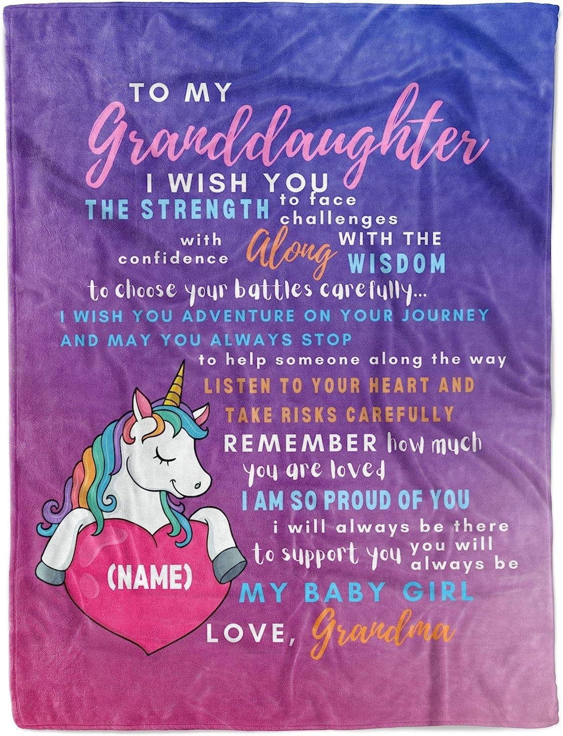 Manta de unicornio personalizada para niñas de la abuela, manta de forro polar personalizada con nombre de corazón para niños, manta de unicornio personalizada única para ahijada de parte de madrina