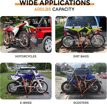 Steel Dirt Bike Hitch Hauler for Two Motorcycle,Dual Motorcycle Hitch Carrier with Ramp,Ratchet Straps & Stabilizer for E-Bikes,Mountain Bikes,