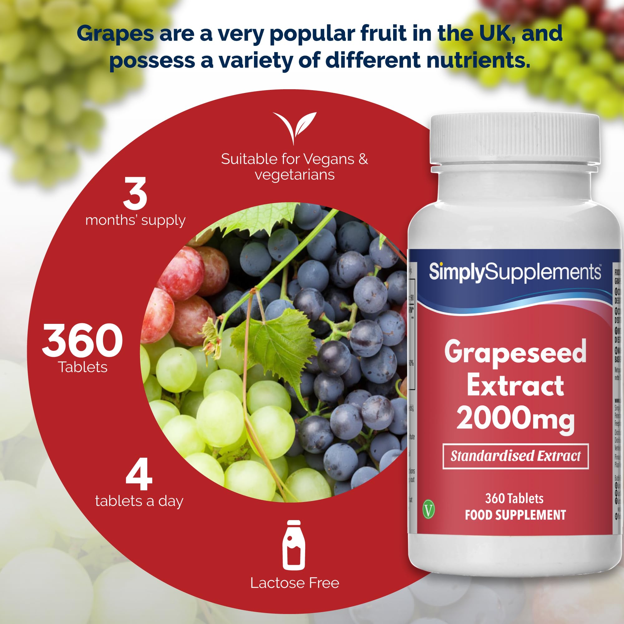 Estratto di Semi d'uva 2000 mg - 360 compresse - Adatto ai vegani - 6 mesi di trattamento - SimplySupplements