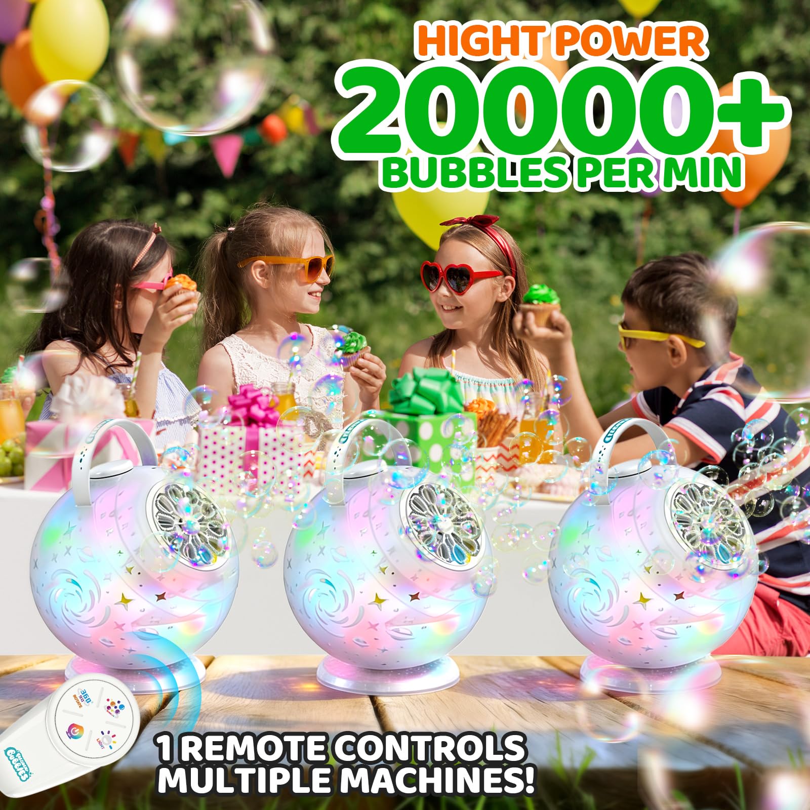 Tecnock Máquina de Burbujas Recargable con Mando a Distancia, Rotación 90°/360°, 20000+ Burbujas/Min, Luces LED de 7 Colores, Batería 1200 mAh, 45 Min de Autonomía, USB-C, para Niños, Fiestas y Bodas