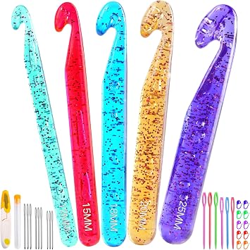 Qmnnma Large Crochet Hooks, 5 Large Crochet Set, 12mm-25mm Crochet Hooks, Huge Crochet Hooks, Colorful Transparent Crystal Large Crochet Hook for Crocheting Yarn, Chunky Yarn, DIY Crafts