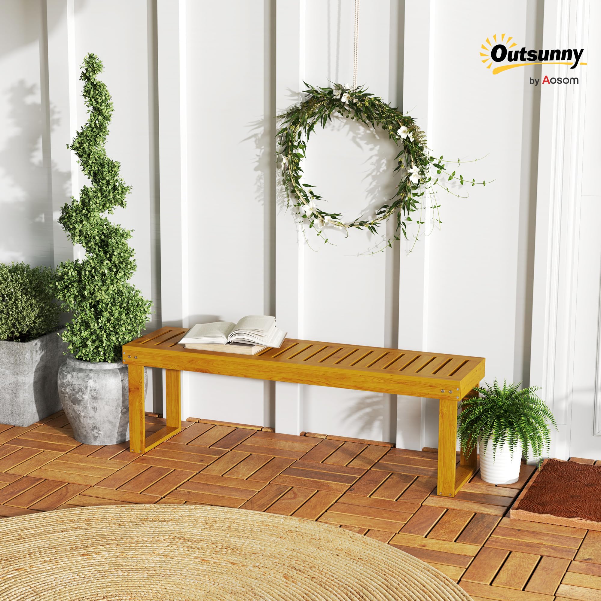 Outsunny Banc de Jardin, Banc en Bois de pin 2 Places, Banquette de Jardin, Assise à Lattes, 132 x 34 x 43 cm, Bois Naturel