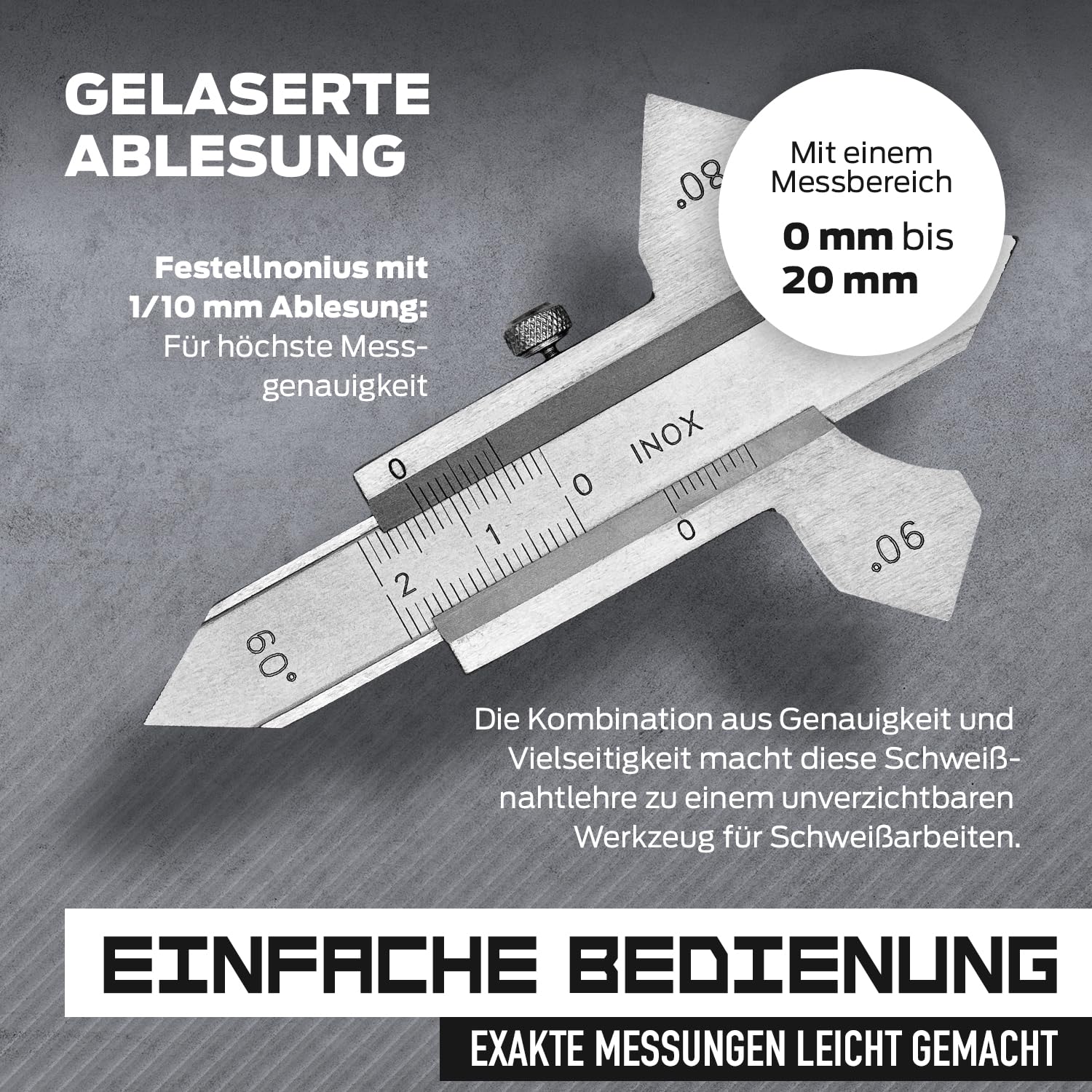 MIB Schweißnahtlehre in Präzisionsausführung, rostfrei & mattverchromt | Messgerät | Messlehre Flachschweißnähte & Ecken | Handwerkzeug | Messbereich 0-20mm | 60°, 70°, 80°, 90° Winkel | inkl. Etui
