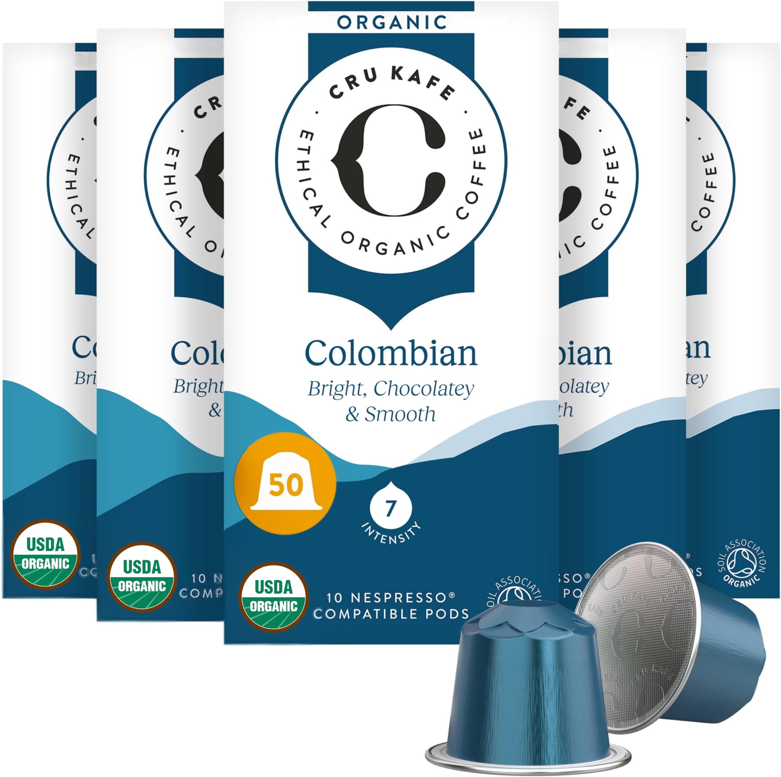 Cru Kafe Colombian USDA Organic Espresso Coffee Capsules (50 Pods) Fairtrade Coffee Pods Compatible with Nespresso Original Line and Pixie Machines