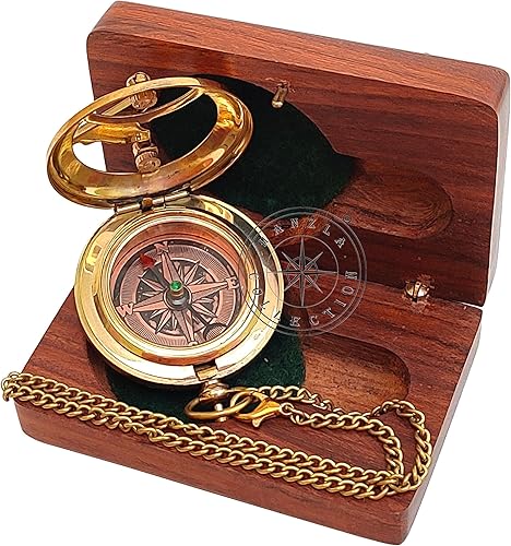Miniatura 3 de Hanzla Collection Reloj de sol hecho a mano con botón de dirección con cadena y madera, caja de latón brújula de bolsillo, reloj de sol, regalo de