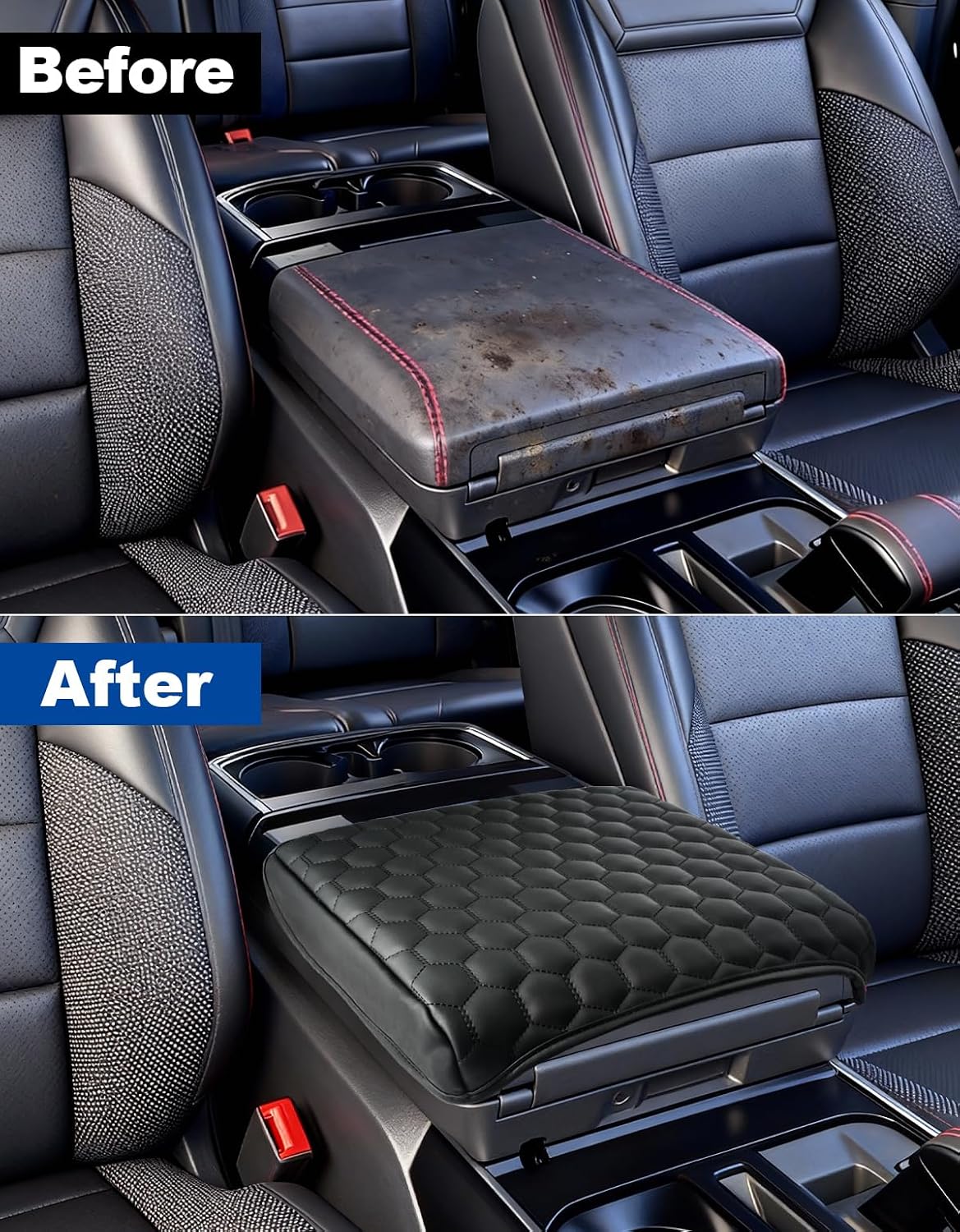 Center Console Cover Armrest Protector Compatible with 2021-2025 2026 Ford F150, 2022-2026 F150 Lightning, Leather Armrest Pad, 0.8'' Thickened Cushion, Black (Work Surface Only)
