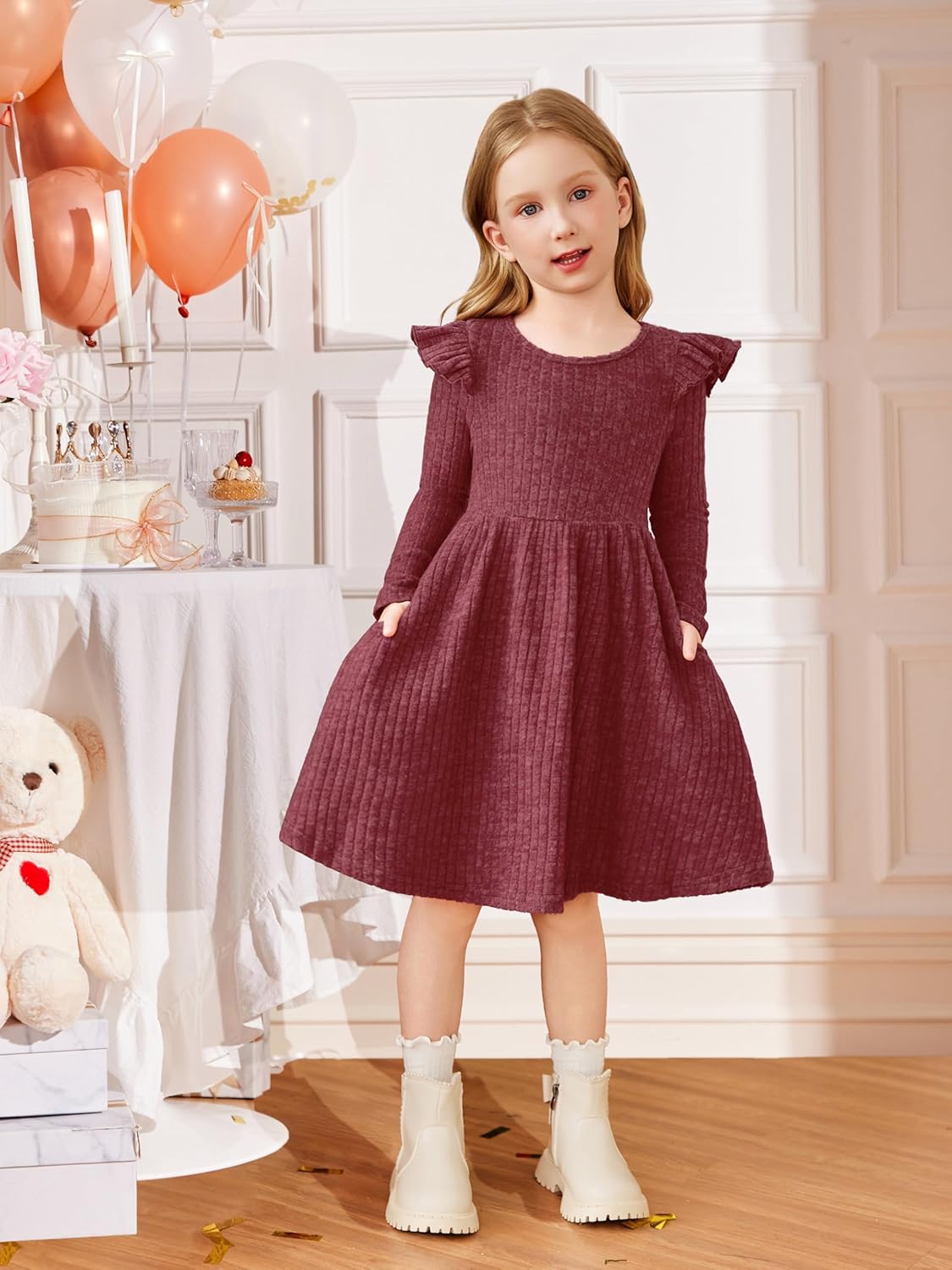 Arshiner Toddler Girl Dress Baby Girls Knitted Ruffle Sleeve Pocket Dresses A-Line Flared Fall Winter Clothes for 2-8 Years - Image 6