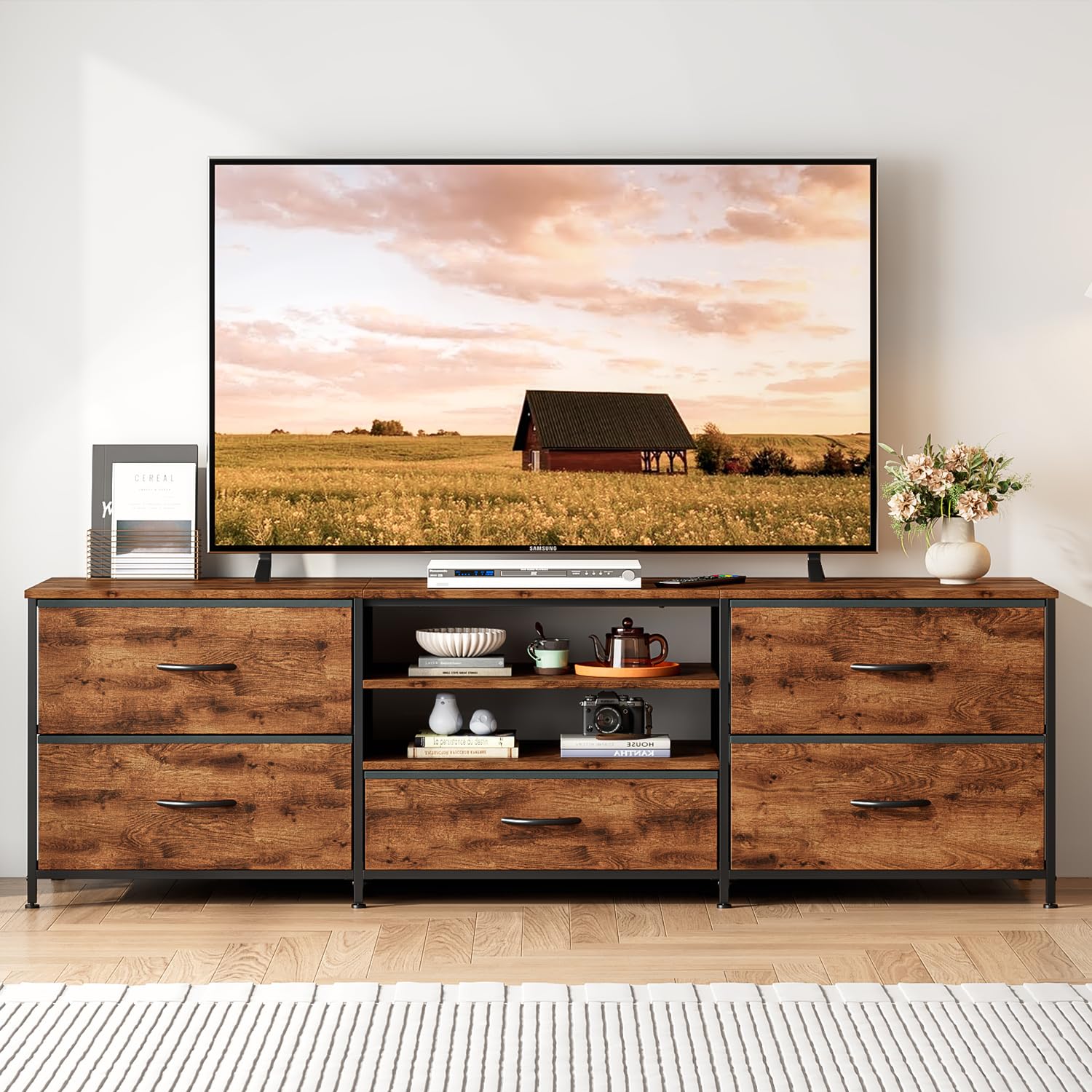 Mueble de TV, unidad de TV, consola de TV con 5 cajones, organizadores de almacenamiento, centro de entretenimiento con estante abierto para sala de estar, dormitorio (marrón)
