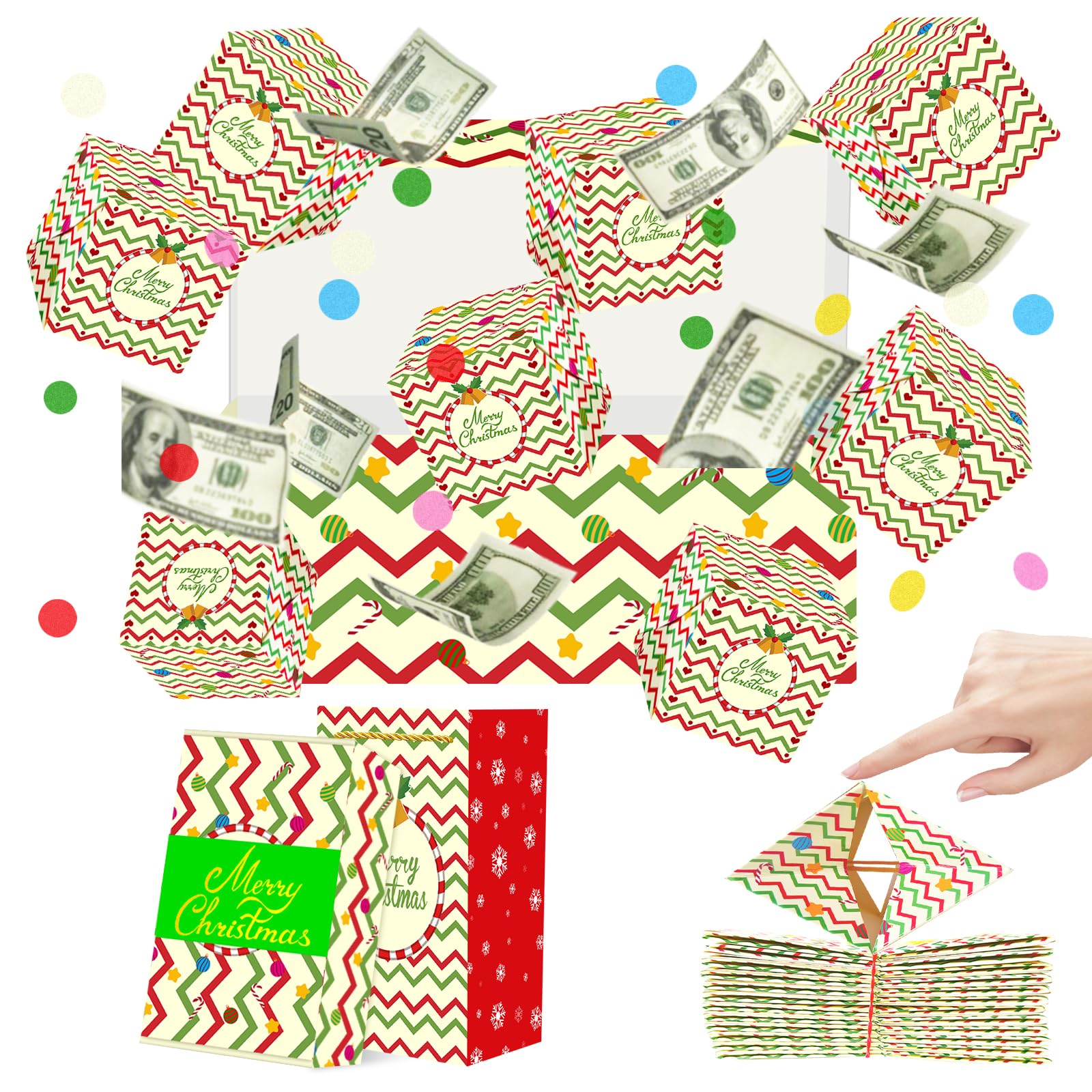 Christmas Surprise Money Gift Box with Confetti, Xmas Exploding Gift Box with 12 Folding Bounce Boxes, Confetti Explosion for Birthday, Party, Kids, Women, Men, Money Holder Box with Gift Bag