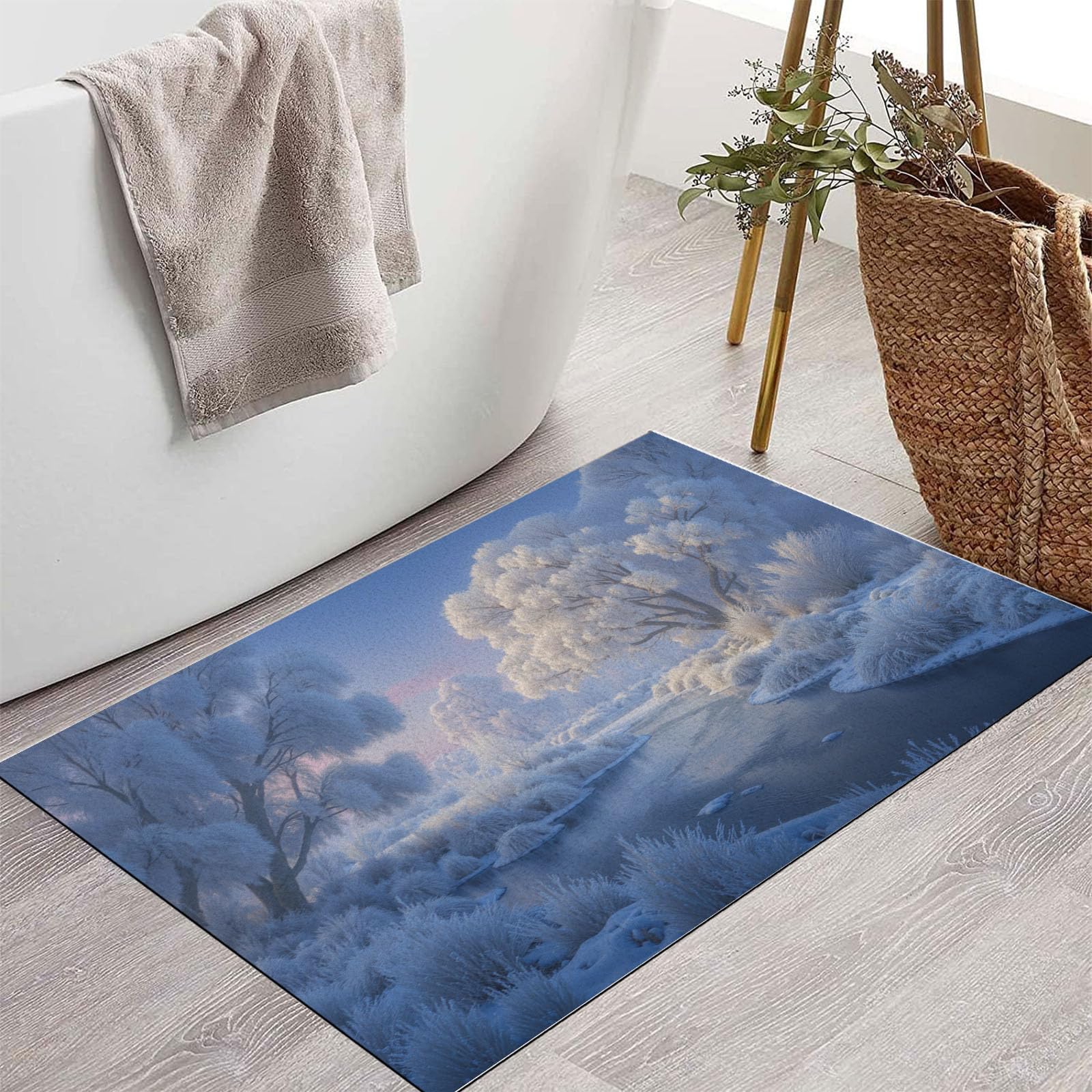 Waschbar Fußmatte Bäume Bäche - 80x120cm -Willkommen Fussmatte Ruhige Winterlandschaft rutschfeste Fußmatte für den Eingang für Hauseingänge, Flure, Außentüren