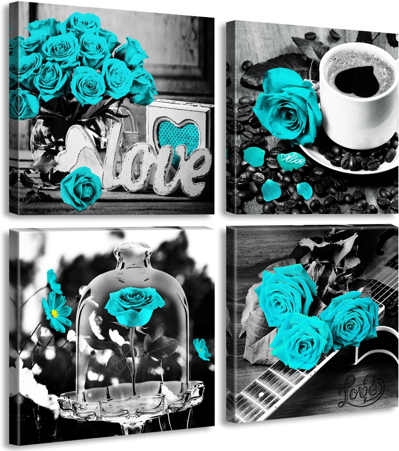 DJSYLIFE Teal Rose Wall Art Decor for Bedroom Turquoise Flowers Canvas Artwork Modern Plant Poster Paintings Decorations 12" W x 12" H 4 Pieces