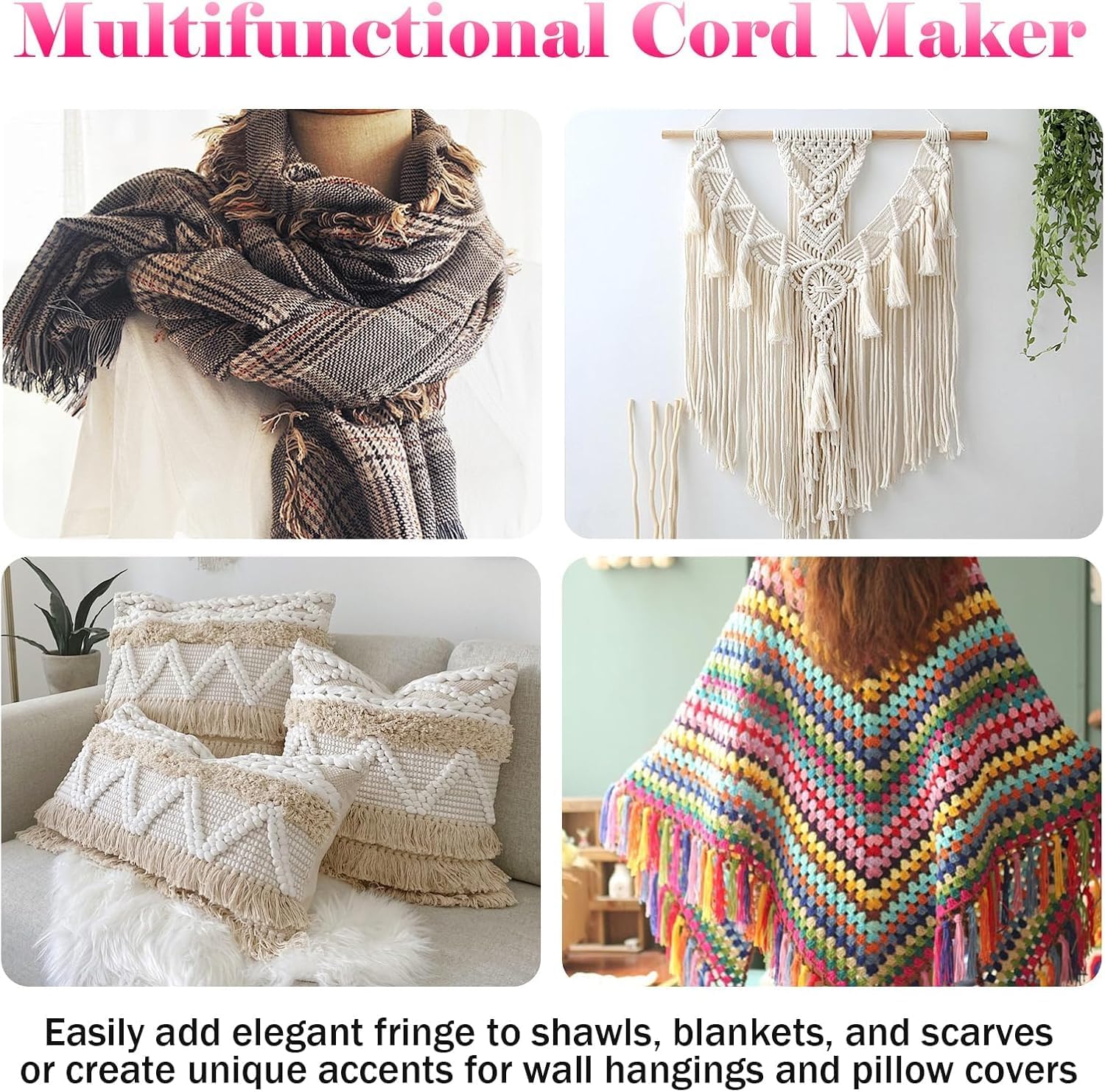 Portable Cord Maker & Fringe Twister Tool | Handheld Device to Quickly Create Twisted Tassels & Cords | Easy DIY Craft for Macrame, Scarves, Blankets（Pink）