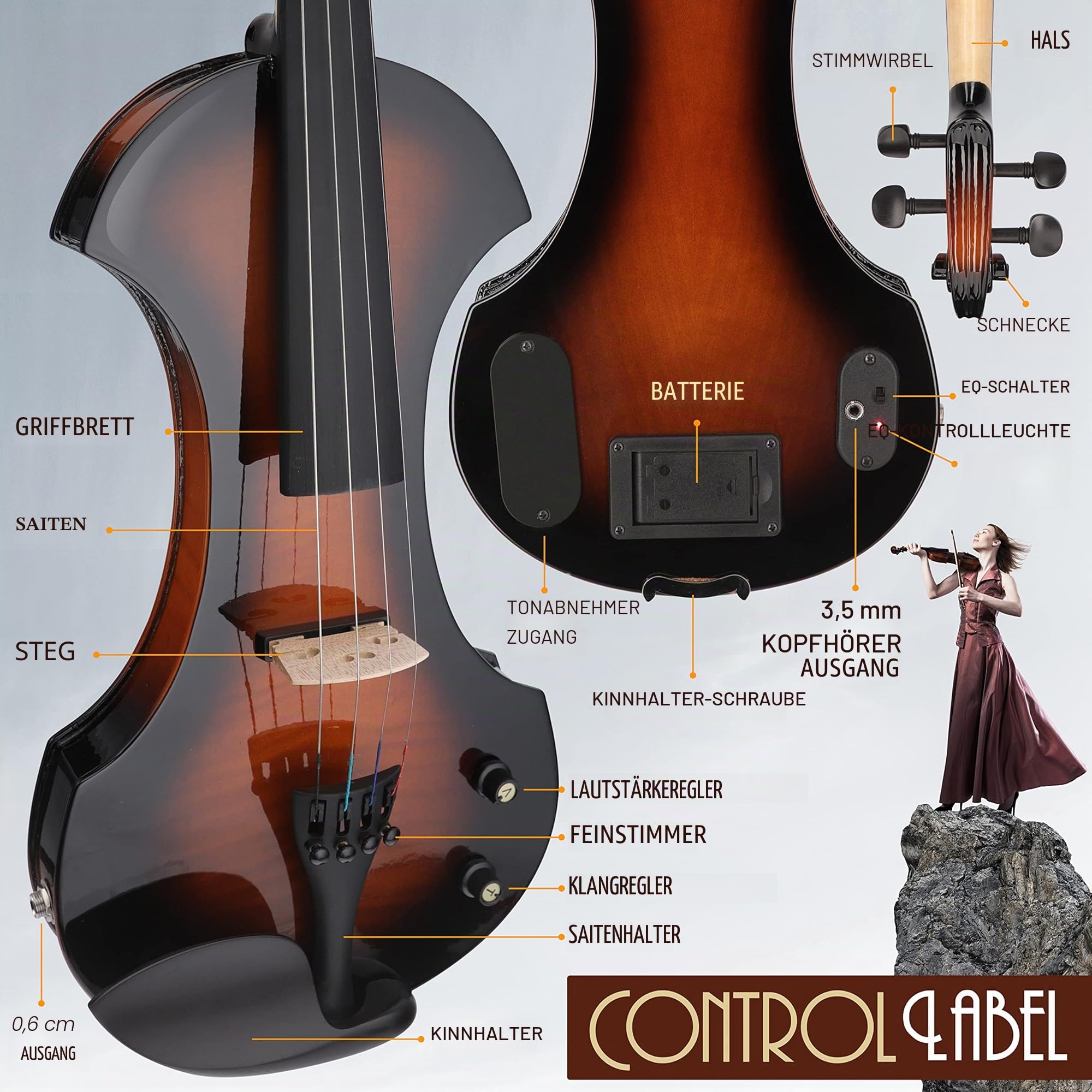 Pyle E Geige Elektrische Violine 4/4 Set mit Verstärker aus Massivem Holz – Vollgröße Stille Violine mit Koffer, Zubehör & Kopfhörer