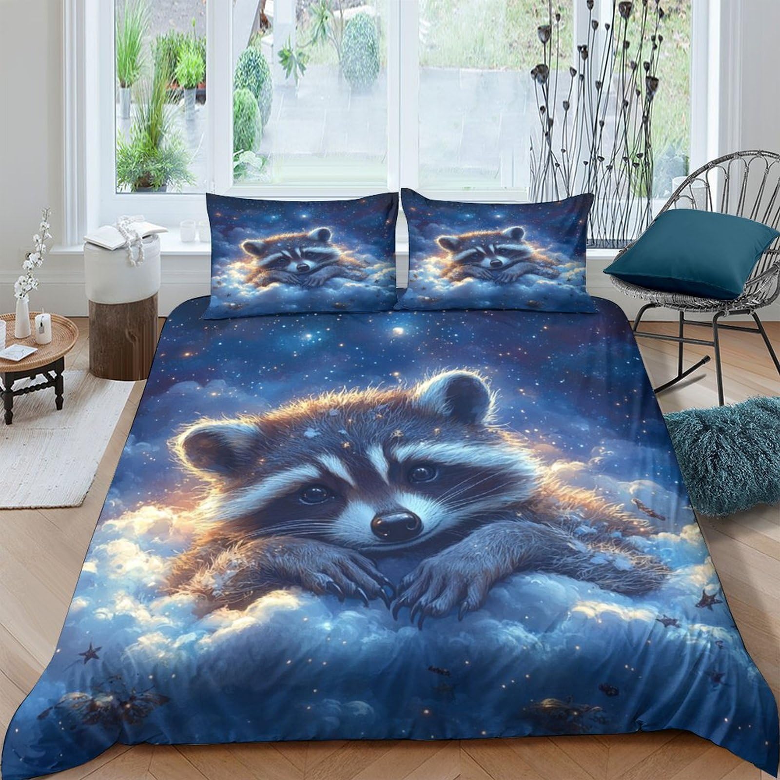 Ctjqhvkz Style-1 3D Printed Galaxy Starry Sky Fitted Sheet Microfiber Soft Raccoon Bed Cover For Bedroom Guest Room Decor Single（135X200cm）