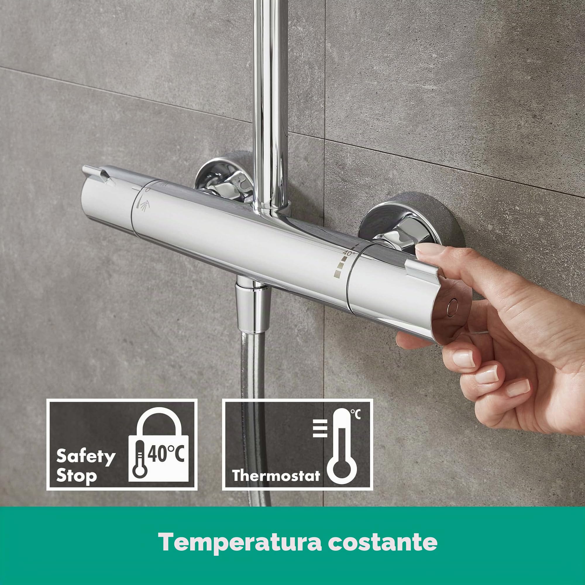 hansgrohe Crometta S - Colonna doccia con miscelatore termostatico, Sistema doccia (⌀ 240 mm) con rubinetto, doccetta (2 getti), tubo, asta e soffione doccia tondo (1 getto), cromo, 27267000