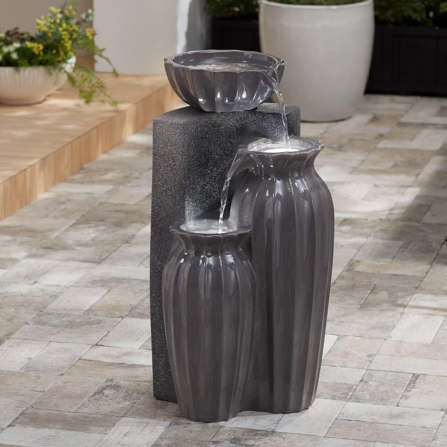 Three Bowls 26 1/2" High Large Modern Outdoor Decor Dark Gray Ceramic Floor Fountain with Light LED Waterfall 3-Tier Standing Water Feature for Outside Garden Patio Yard Backyard - John Timberland