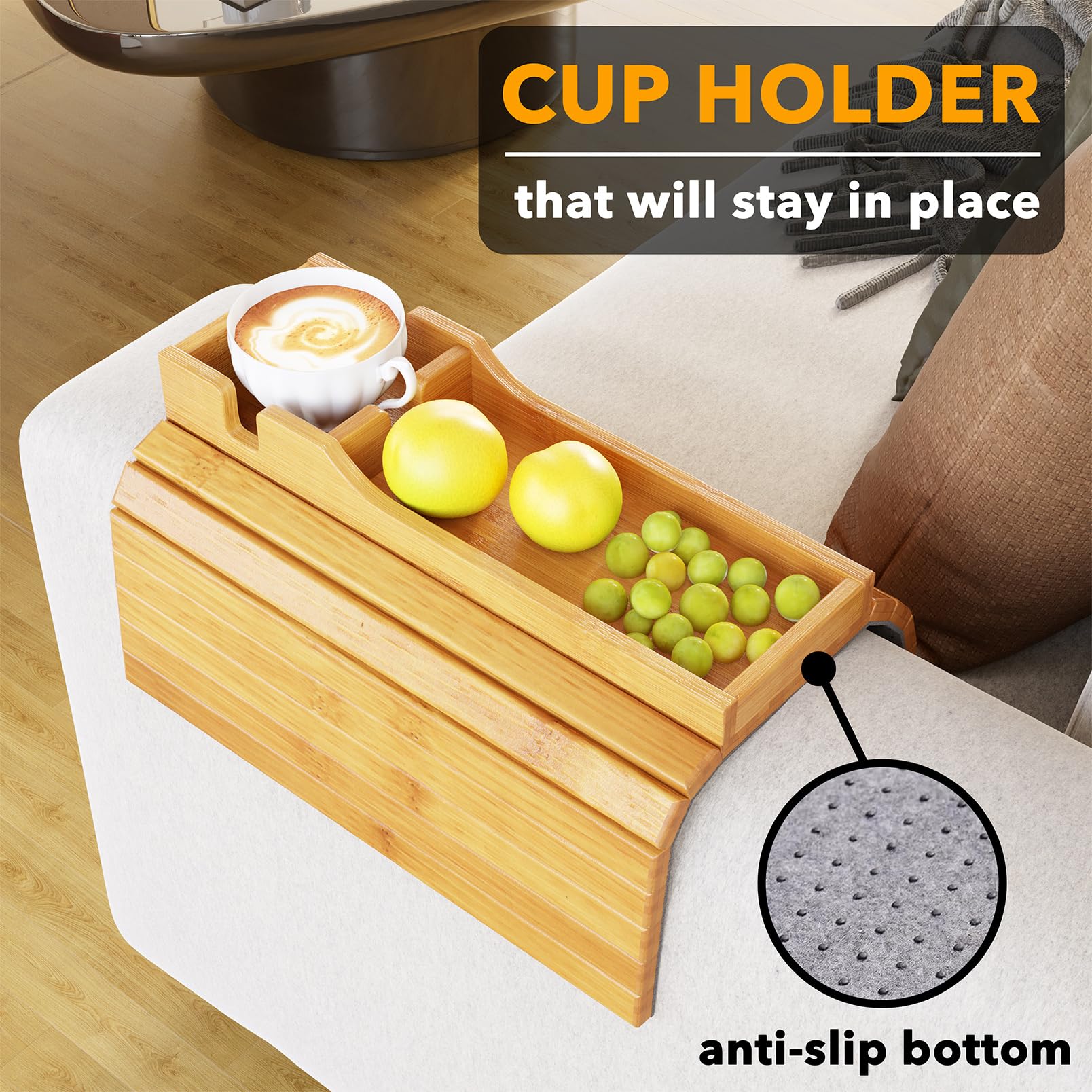 SpaceAid Bamboo Couch Cup Holder, Anti Falling Foldable Sofa Armrest Tray with Cup Holder, Couch Arm Side Table Organizer for Drink Cup Remote Snacks (Natural)