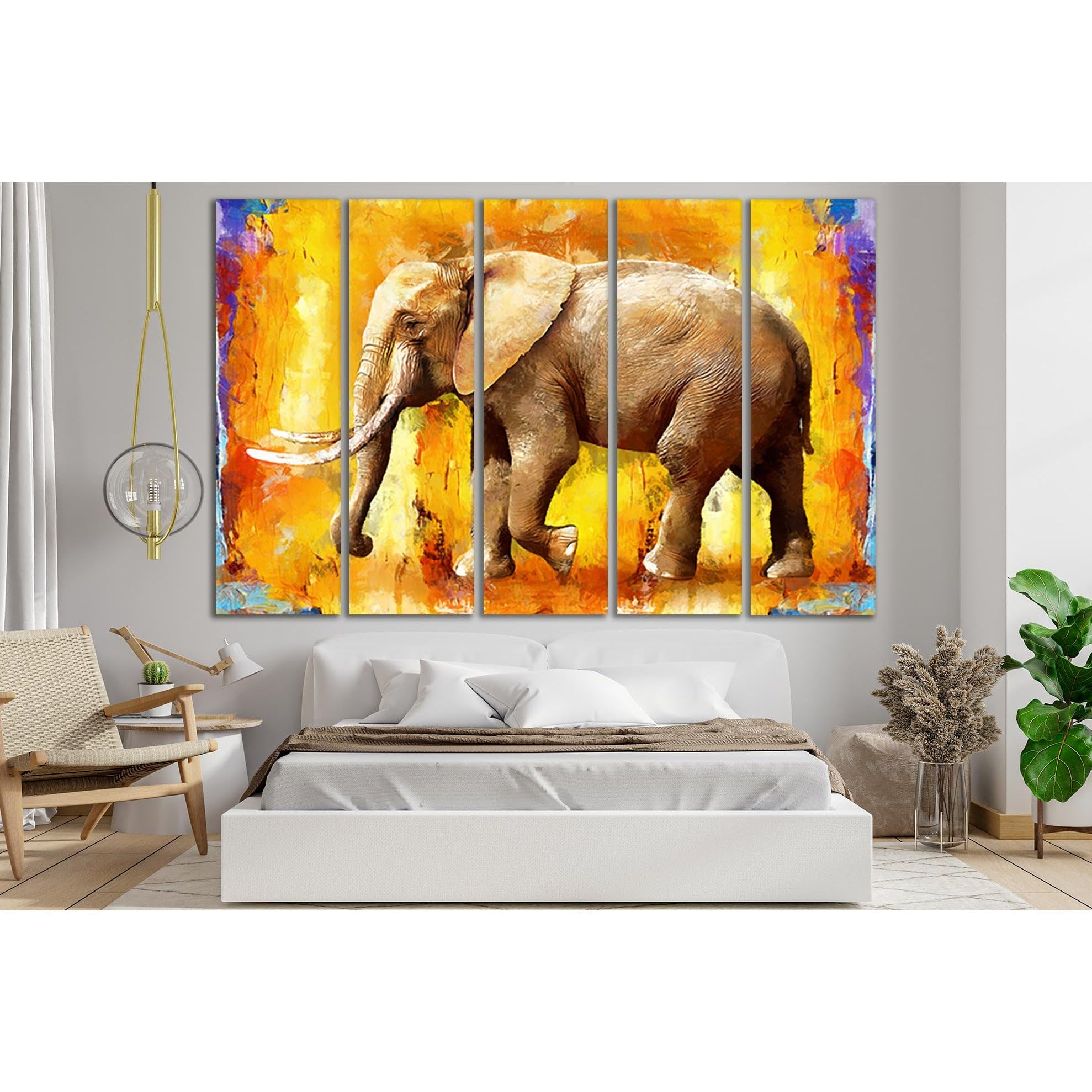 Cuadro de elefante en lienzo de 5 paneles para decorar salones modernos 115x75 cm ZELLART 3