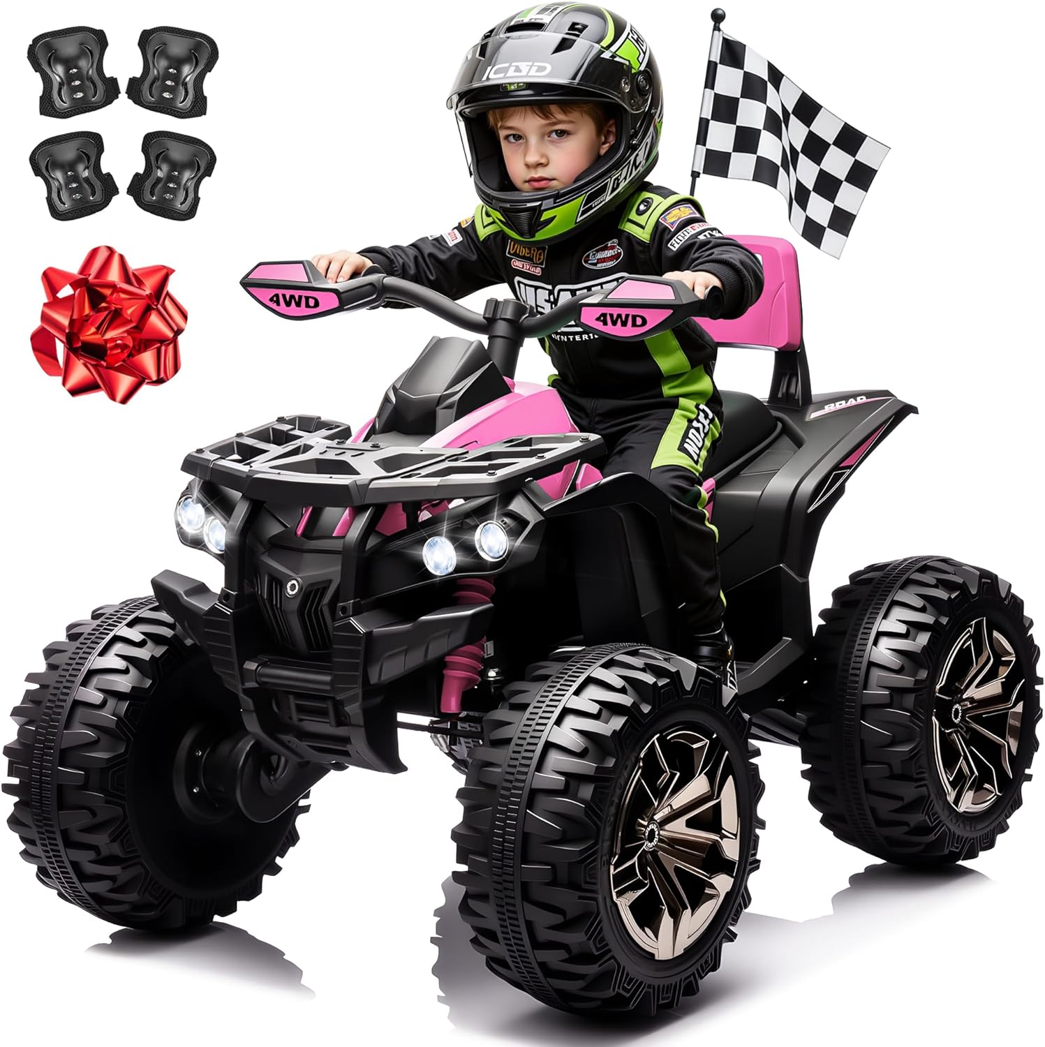 24V Kids ATV 4 Wheeler w/ 800W Motors, 9AH Battery Powered Electric Car w/Remote Control, 3 Speeds, Shock Absorbers, Bluetooth, 4x4 Quad for Kids Ages 3-8, Pink