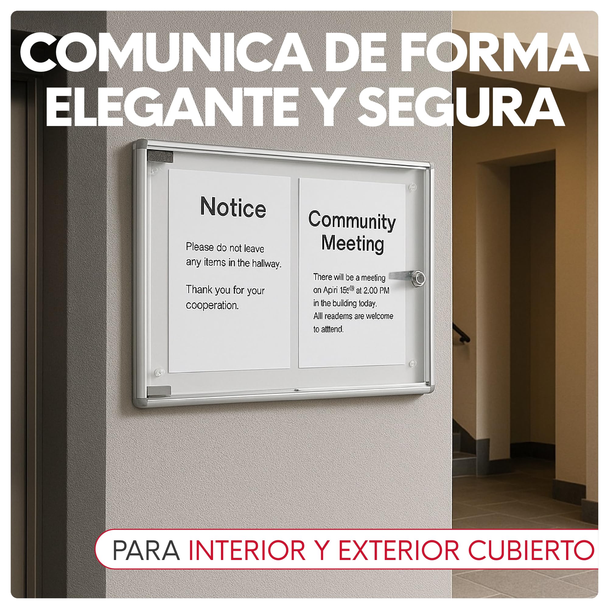 Tablon de Anuncios con Llave 46x35cm | Tablón Anuncios Exterior o Interior | Aluminio y Policarbonato Resistente | Fondo Metálico Apta para Imánes | Fácil Montaje