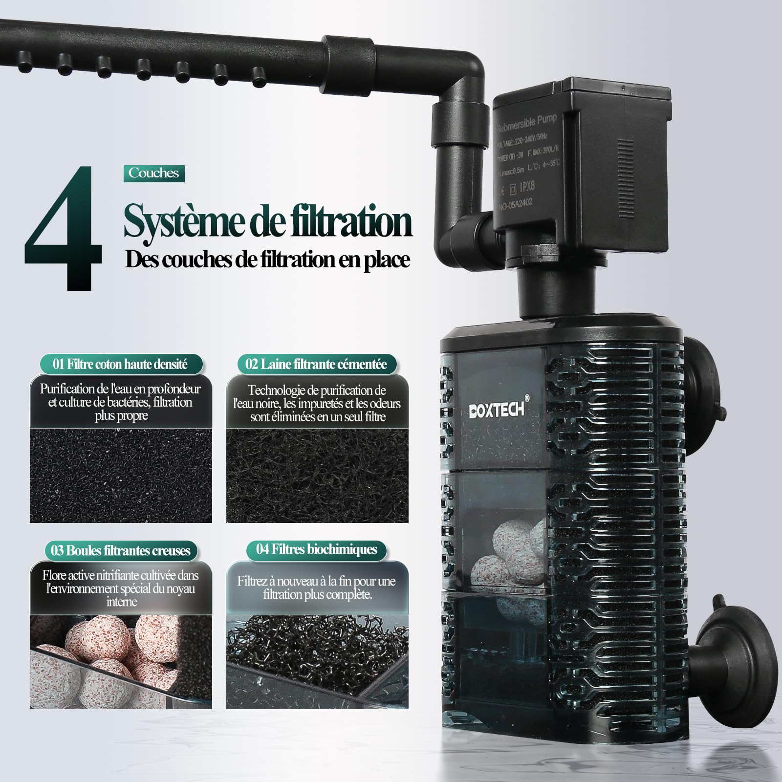 boxtech Filtre Interne Réglable pour Aquarium, Filtre Submersible Silencieux 390L/H pour Aquarium de 30 à 45 cm