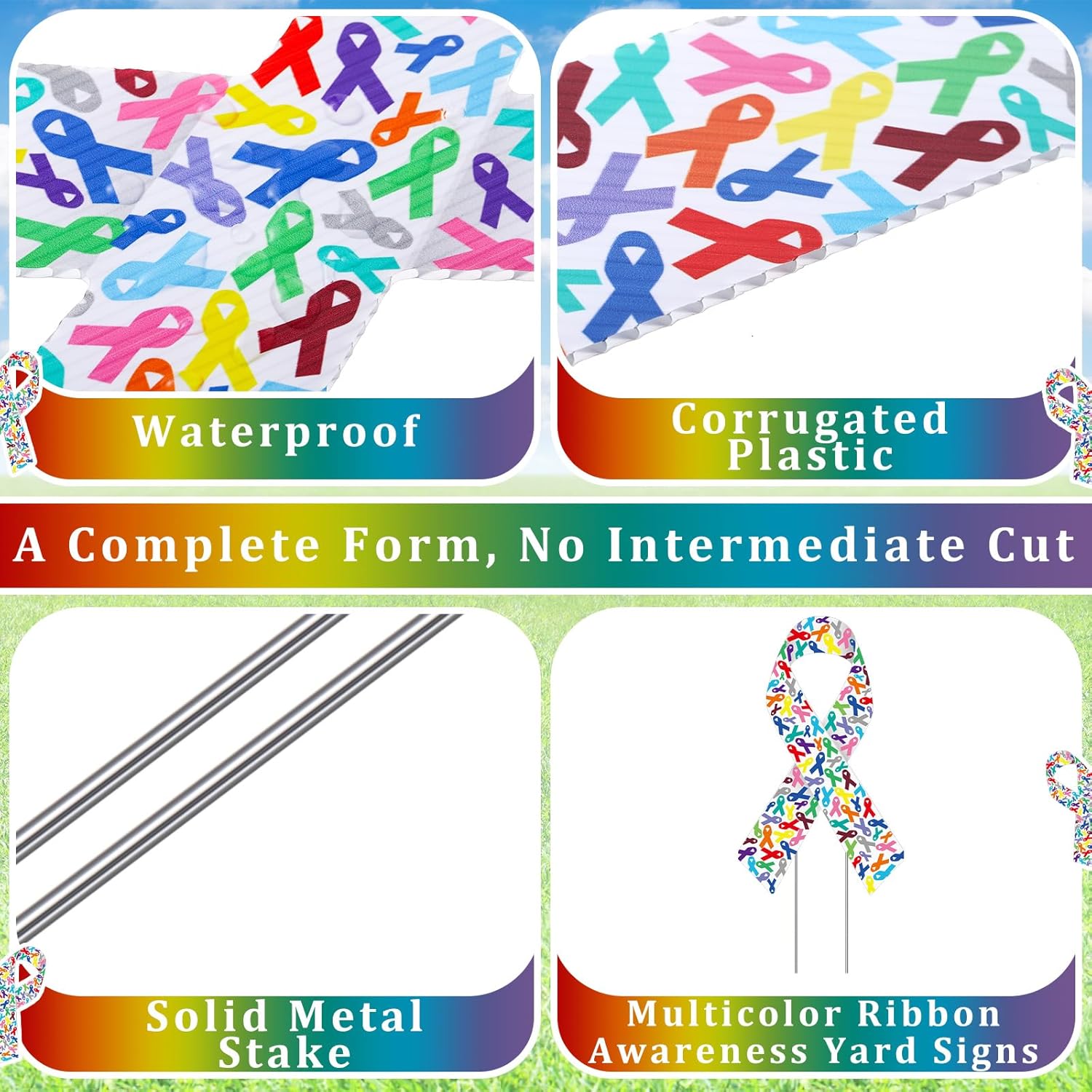 Drydiet 6 Pcs Cancer Awareness Yard Signs with Metal Stakes 14" Colorful Ribbon Health Lawn Stakes All Cancer Waterproof Patio Sign for Outdoor Garden Church(Multi Colored Ribbon)