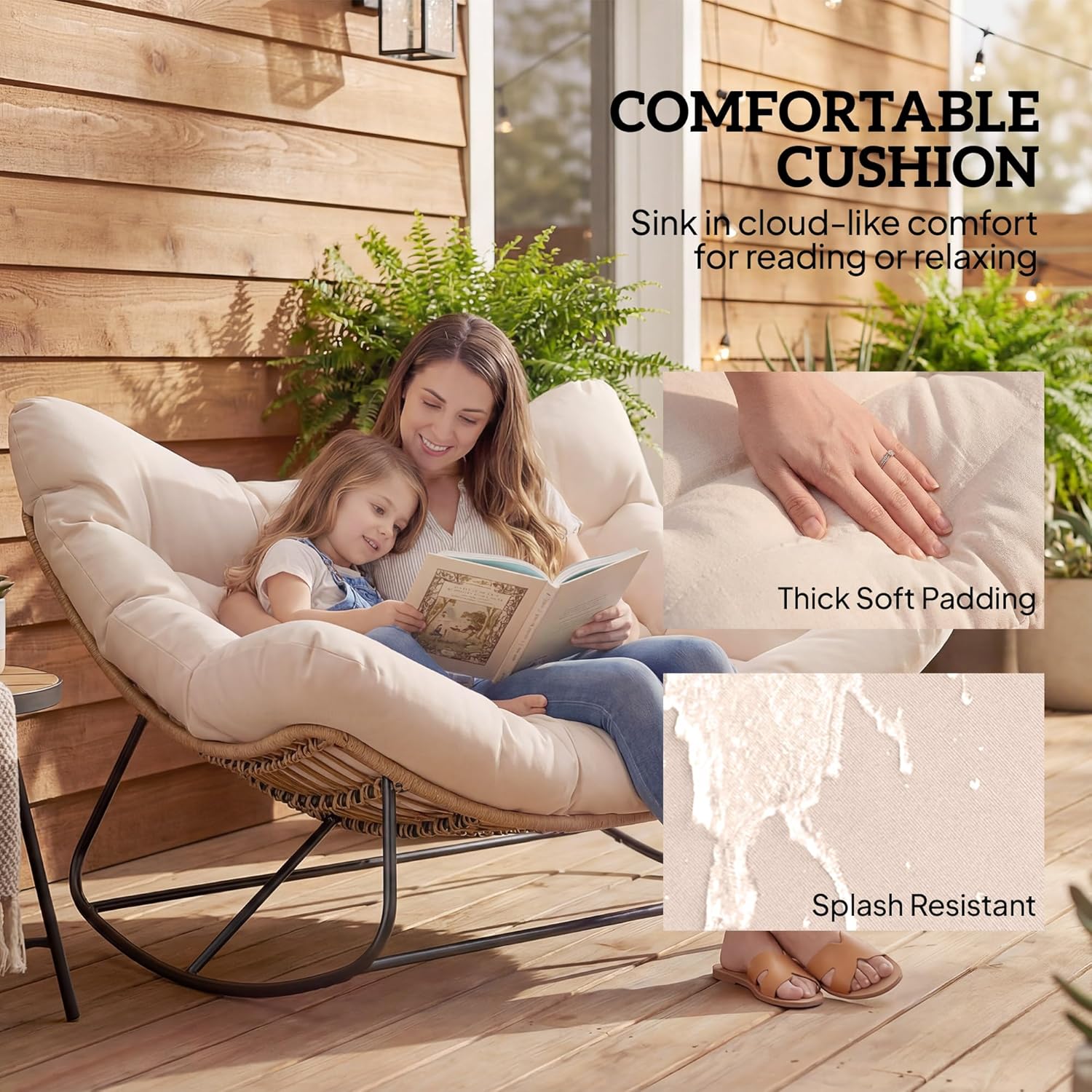 Outsunny Double Papasan Rocking Chair, Wicker Oversized Indoor Outdoor Rocking Chair with Cushion, PE Rattan Padded Outdoor Rocker Egg Chairs for Living Room, Garden, Patio, Balcony, Cream White