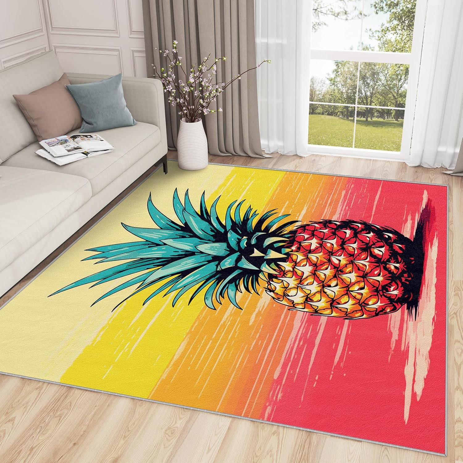 Pineapple Rugs for Kitchen - 2x3 Rug, Pineapple Area Rug, Tropical Fruit Washable Non Slip Soft Rugs, Colorful Stripes Carpet, Funky Pop Art Home Decor, Pineapple Gifts for Women