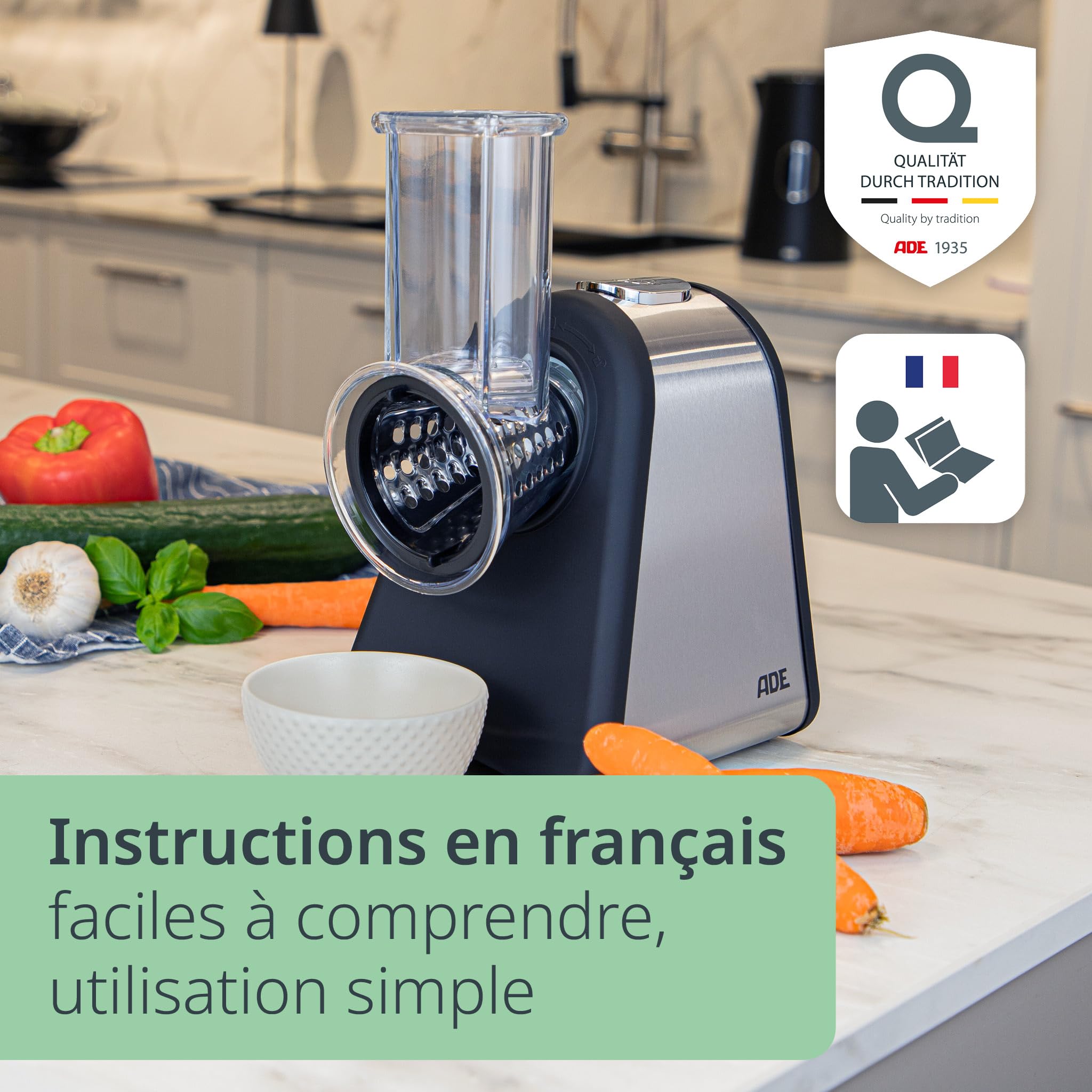 ADE Râpe de cuisine électrique | max. 500 W | découpe legumes facilment, fromage, carottes, chocolat | coupe légumes | 4 accessoires | boîtier en acier inoxydable