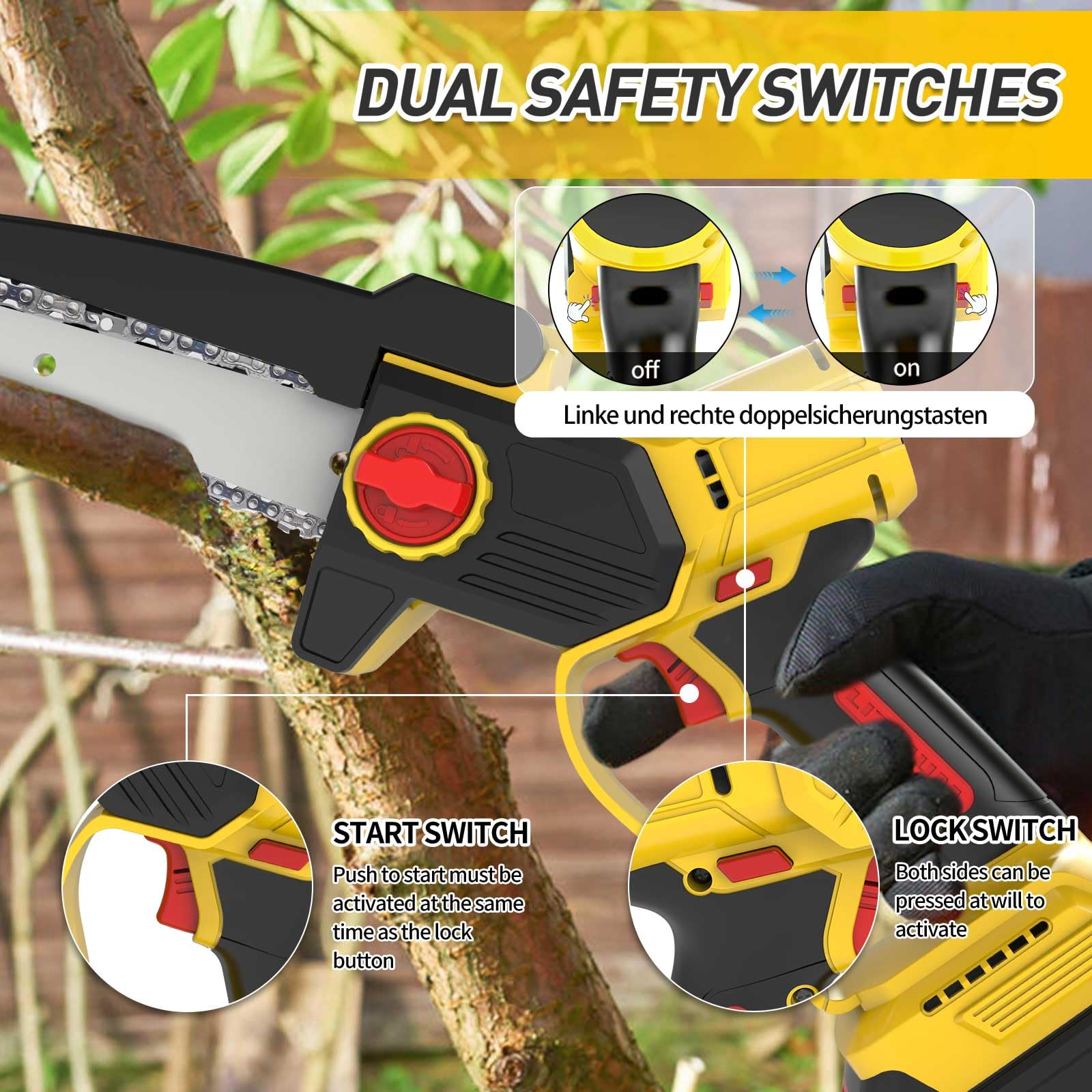 Motosega a Batteria per Potatura, 8 Pollici Mini Motosega a Batteria con 2 Batteria e Caricatore, con Pompetta Olio e Chiusure di Sicurezza A Destra e A Sinistra per il Taglio del Legno e Giardini