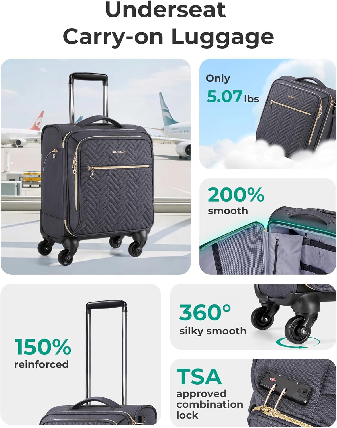 bagsmart underseat carry on luggage airline approved, 16-inch small softside underseater travel suitcase with spinner wheels overnight bag small rolling carry-on for women men weekender,grey underseat-grey