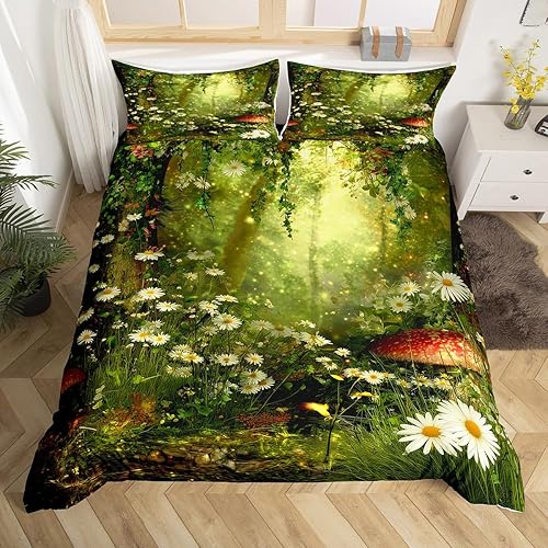 Erosebridal Funda de edredón mágica de hongos, diseño de margaritas, hojas, ramas, puesta de sol, naturaleza, juego de ropa de cama estilo trippy