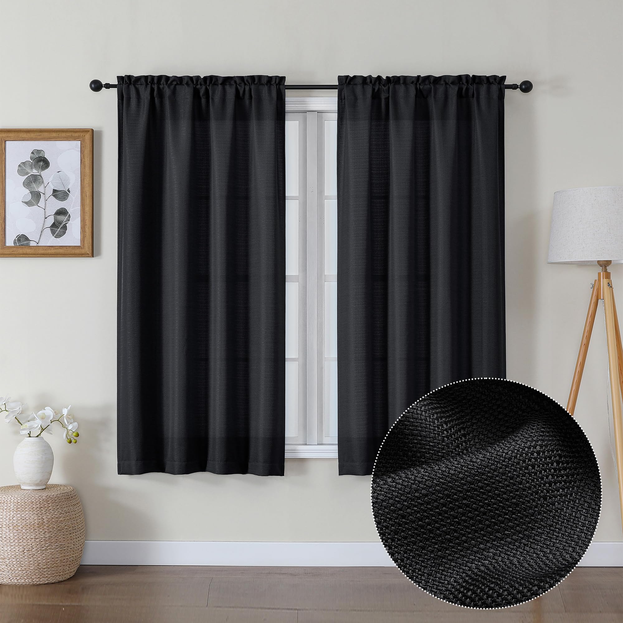 Photo 1 of Lecloud Bessie Black Curtains 54 Inch Length 2 Panels Set, Faux Linen Textured Airy Light-Filtering Curtains for Bedroom with Dual Rod Pocket, Burlap Window Treatments, Each 30 W x 54 L