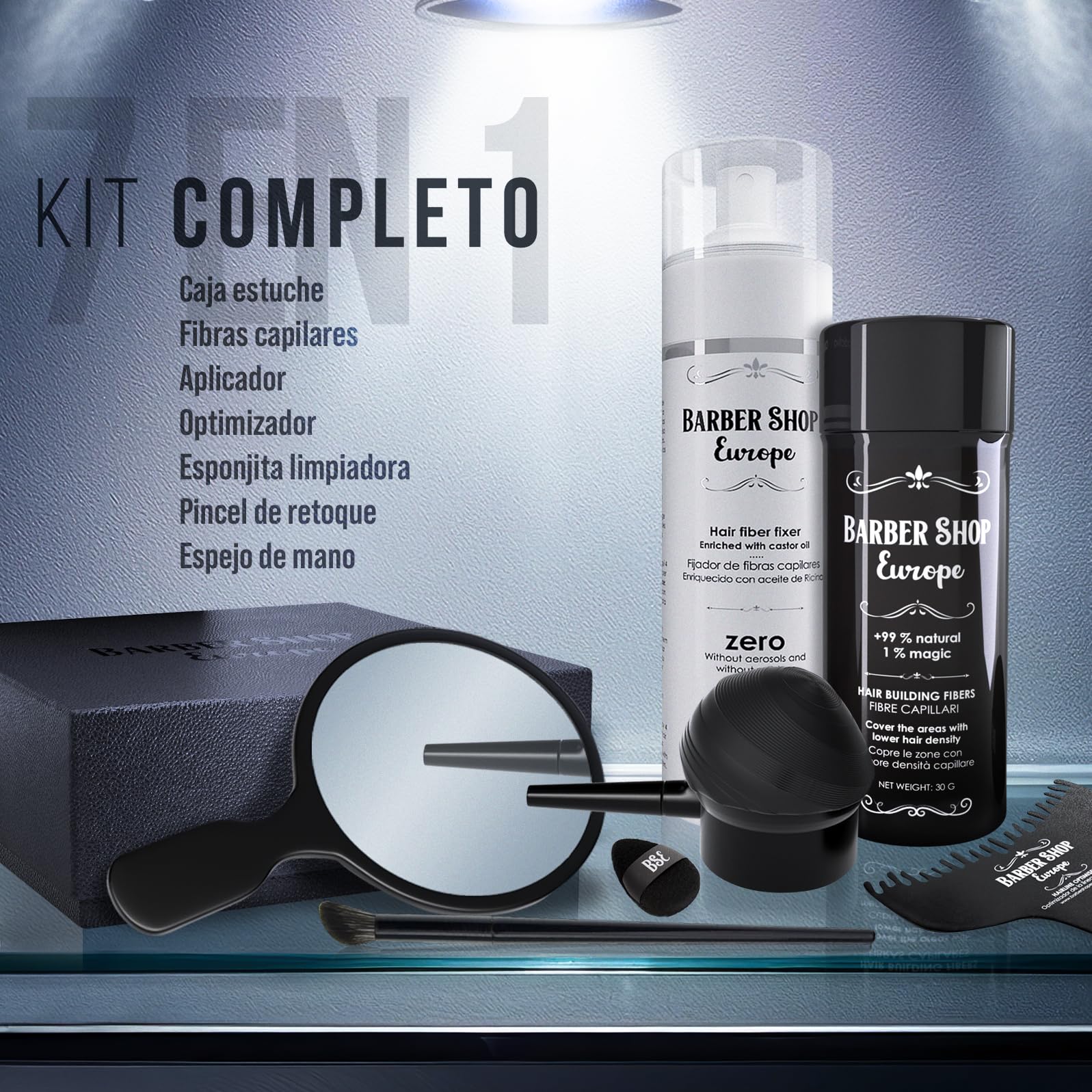 Kit Fibras Capilares Castaño Oscuro - Hair Fiber - Fibra Capilar Hombre Mujer - Aplicador - Fijador Aceite Ricino - Guía de Fibras Capilares - Optimizador Línea - Espejo y Pincel de retoque
