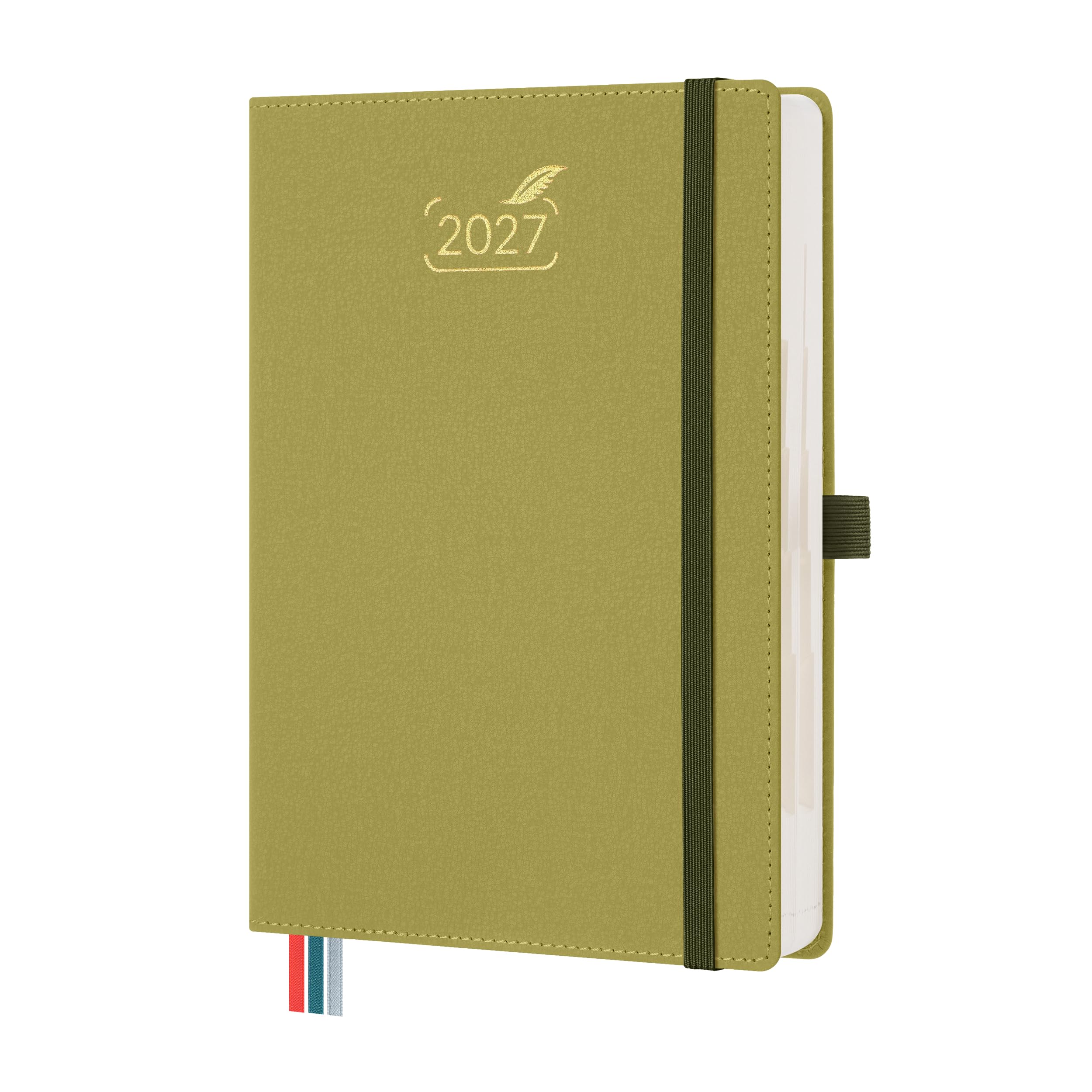 BEZEND 2027 Diary A5 Page A Day even Weekends with Dual Schedule. 2-Column Daily Planner for Work-Life Balance. Appointment Diary with Monthly Tabs, Inner Pocket, PU Leather Hardback, Mustard